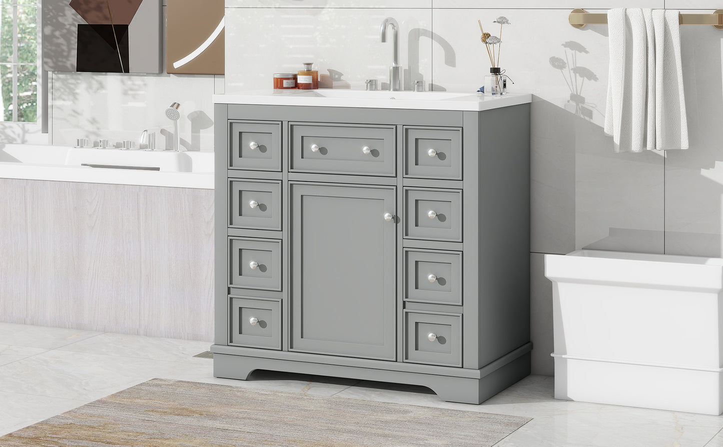 36" Bathroom Vanity with Sink Combo, One Cabinet and Six Drawers, Solid Wood and MDF Board, Grey