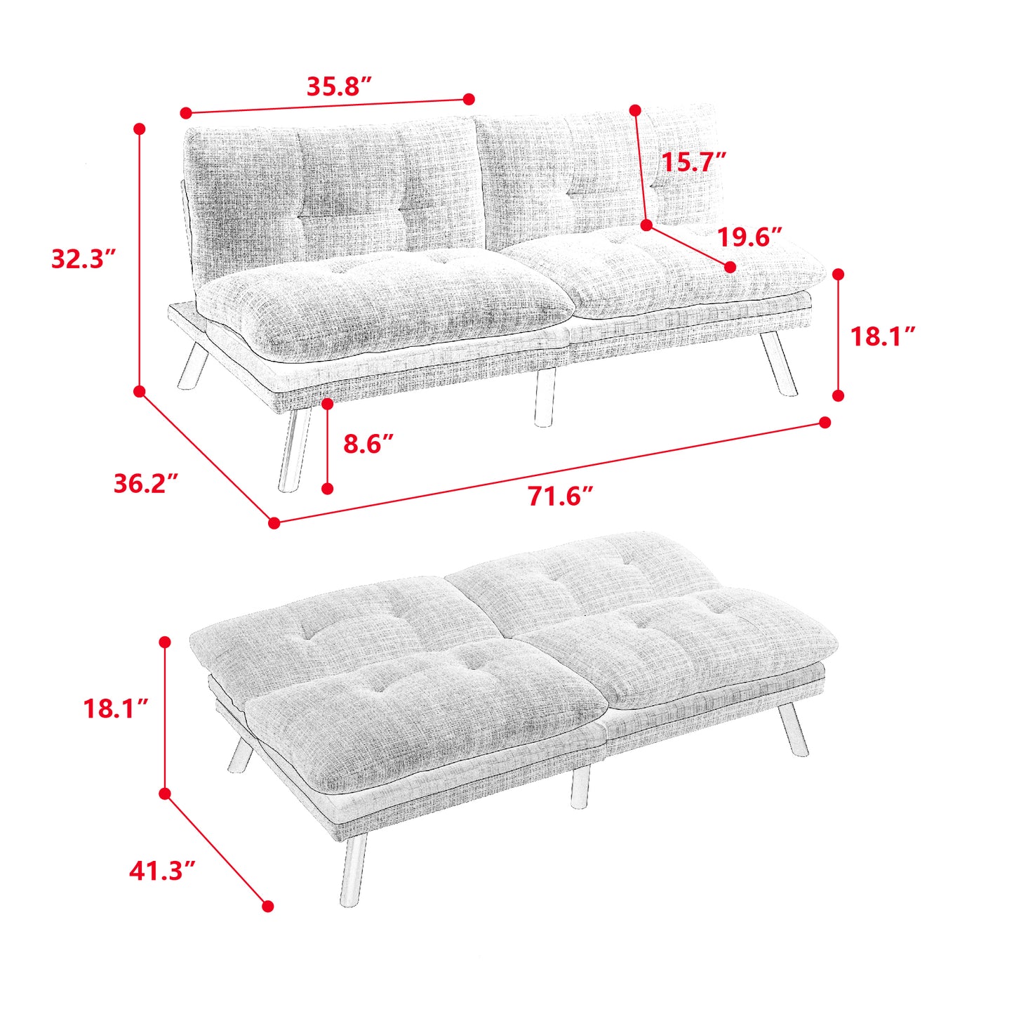 Convertible Sofa Bed  Loveseat Futon Bed Breathable Adjustable Lounge Couch with Metal Legs,Futon Sets for Compact Living Space  Chenille- Orange