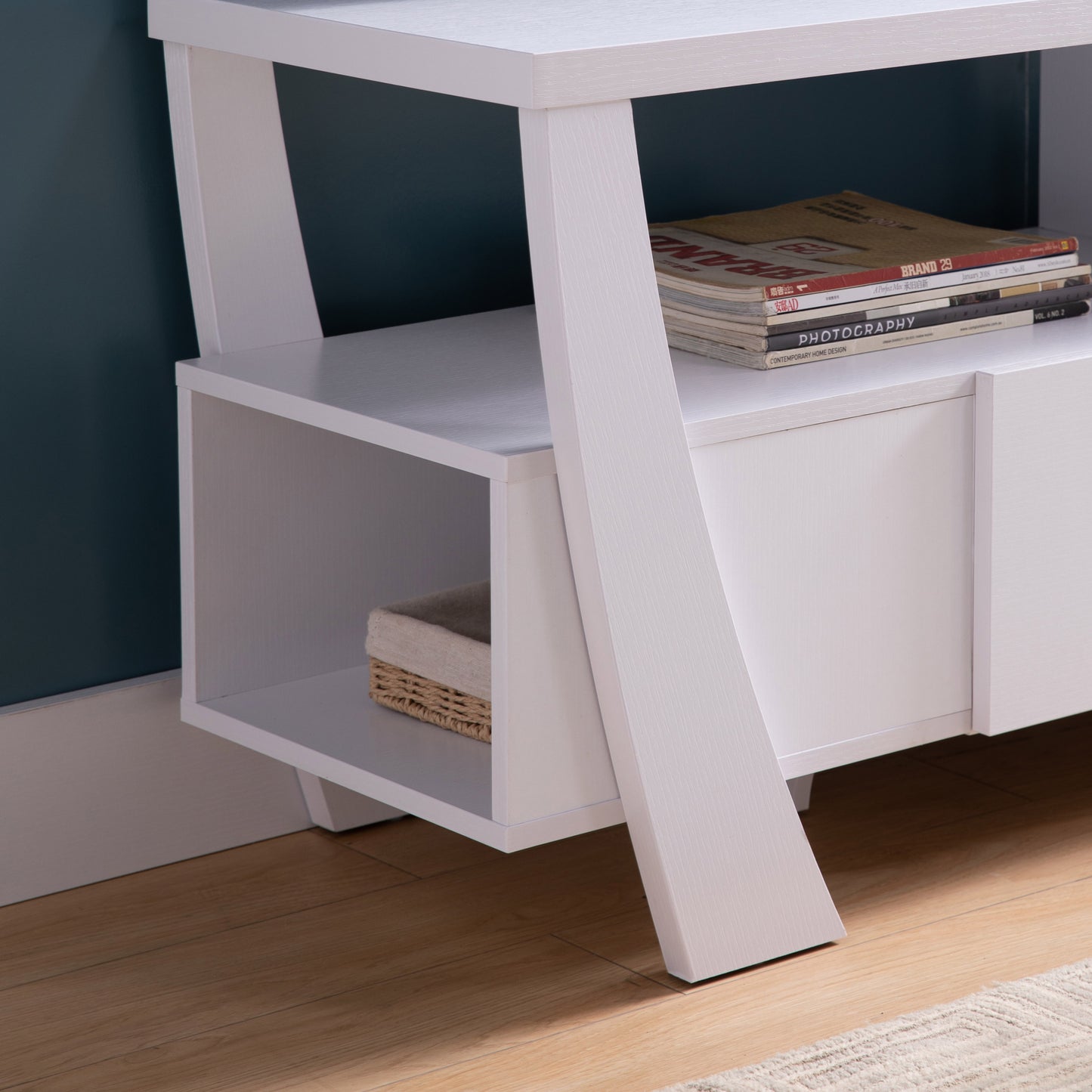 Sleek White TV Console with Storage and Drawer