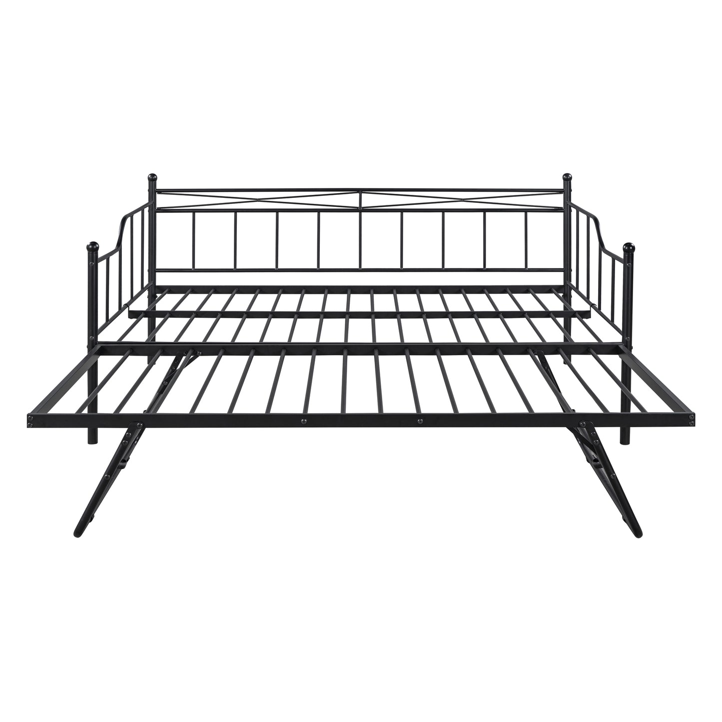 Full Size Metal Daybed with Twin Size Adjustable Trundle, Portable Folding Trundle, Black