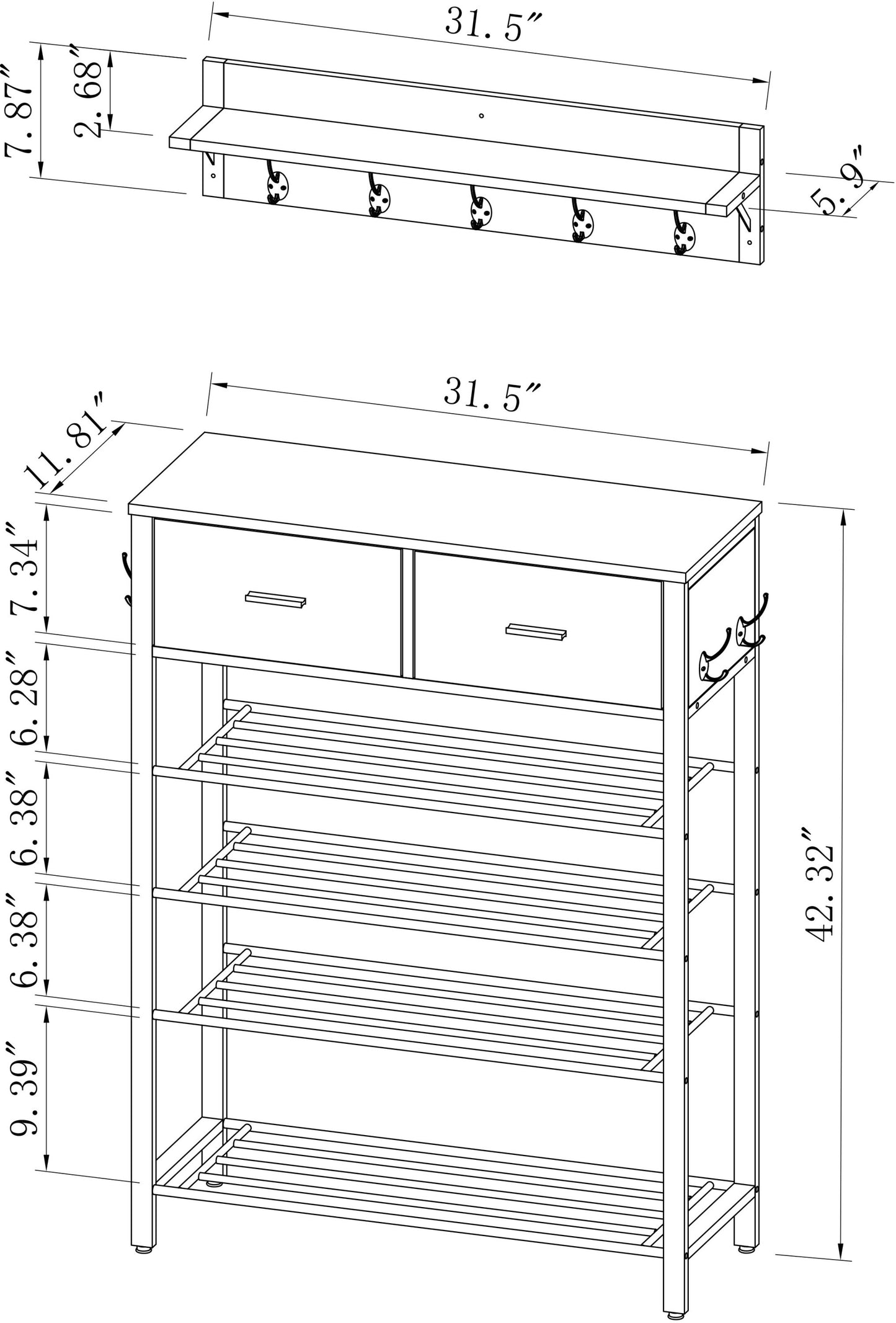 Entryway 4-tier Shoe Shelf with Two Drawers and Coat Rack, One Set Entryway Show Rack with Storage and Hooks