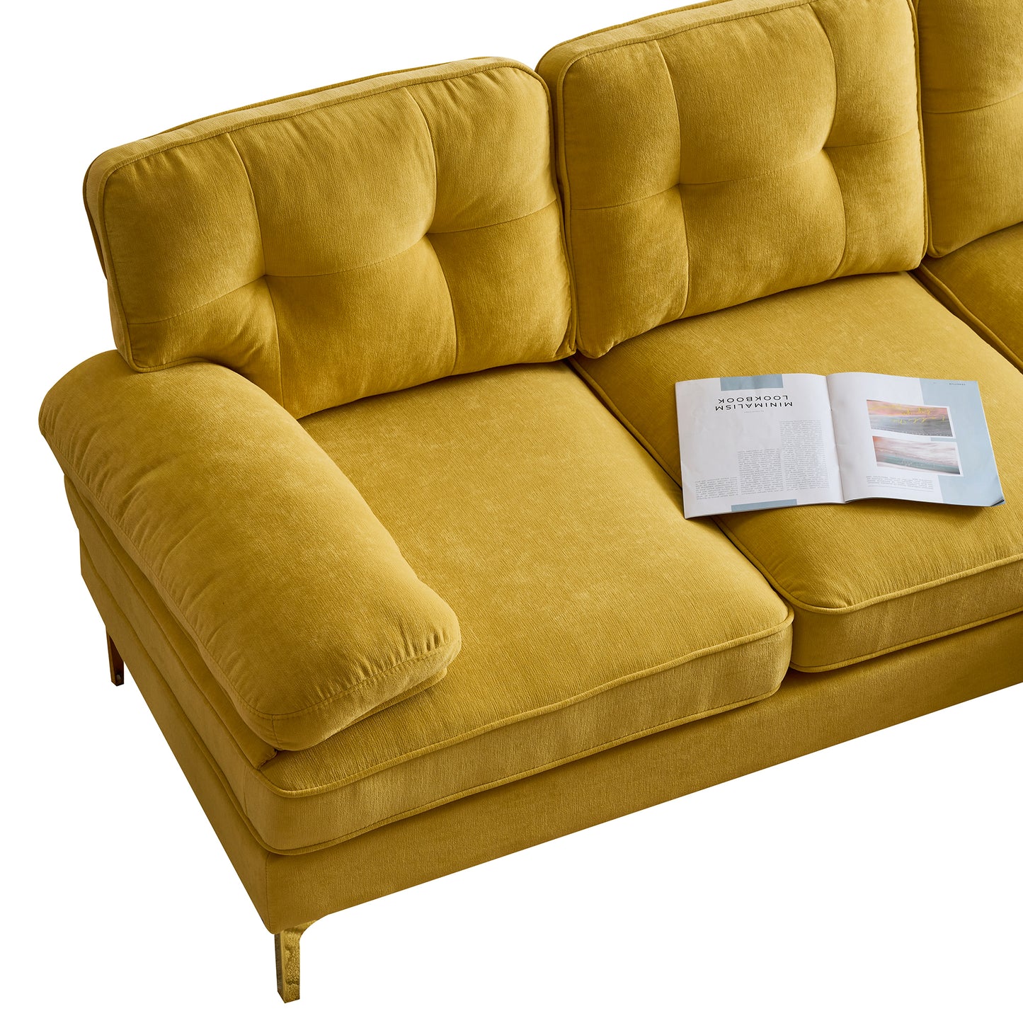 Modern Yellow Velvet L-Shaped Sectional Sofa for Living Room or Bedroom