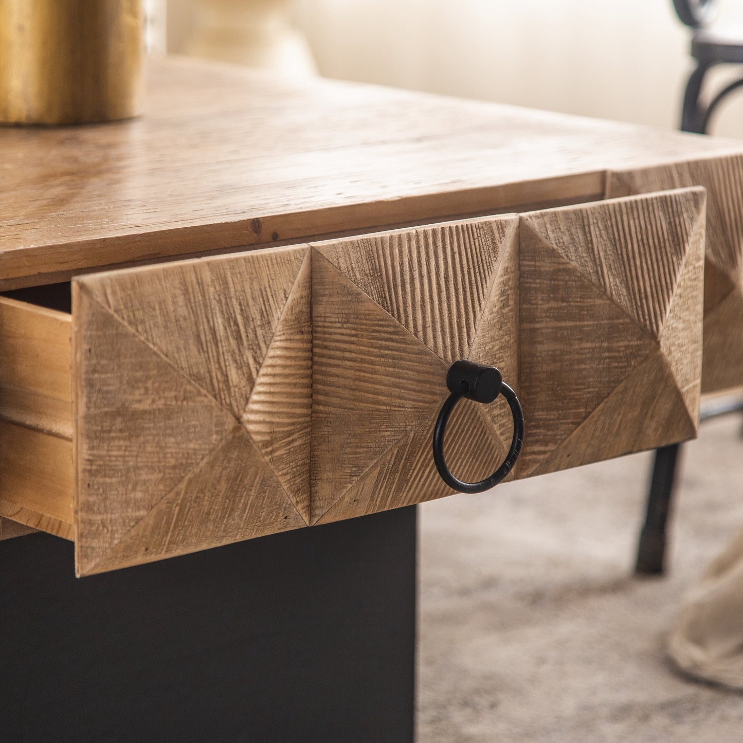 Square Vintage Coffee Table with 3D Embossed Pattern, Drawers, and Solid Wood Base