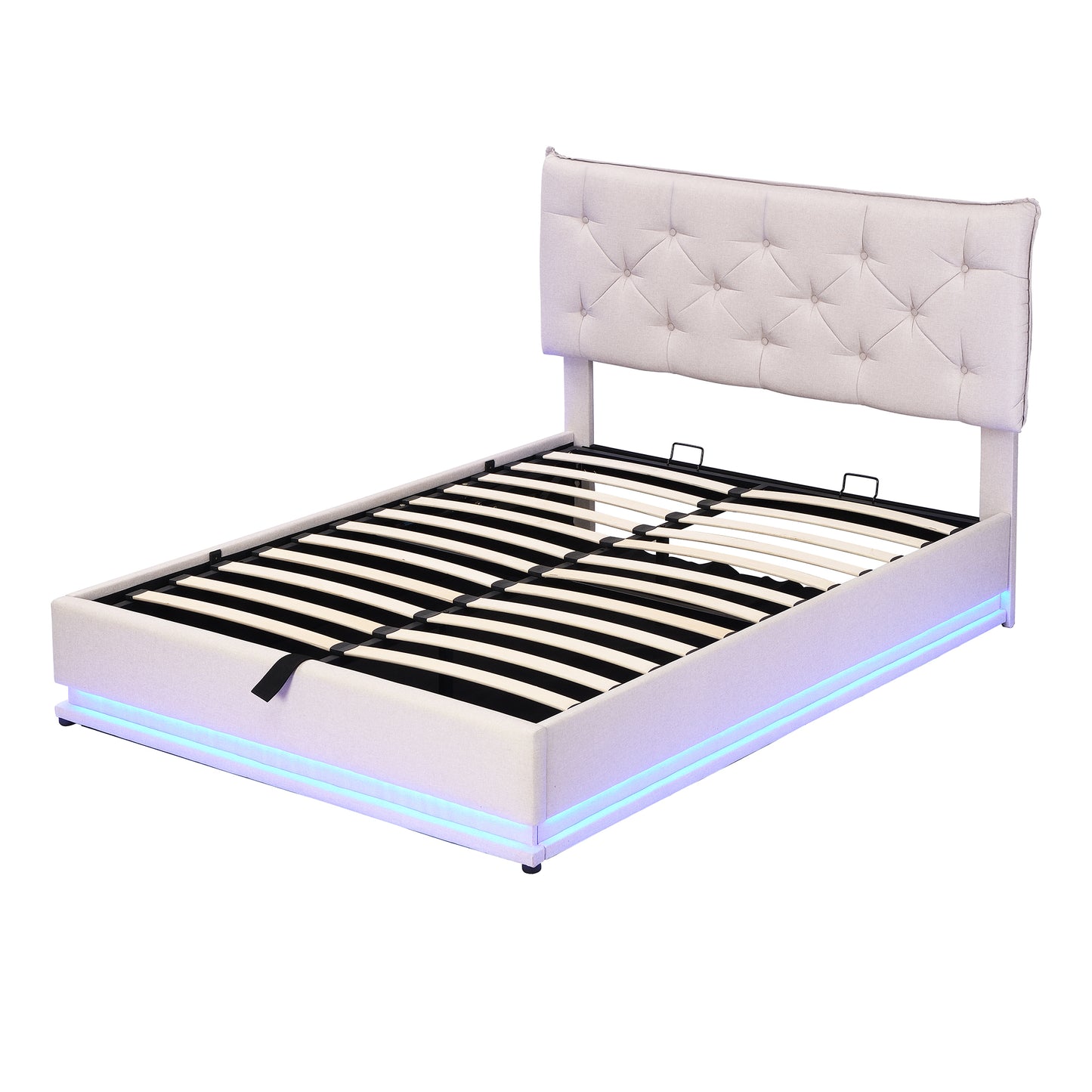 Full Size Upholstered Bed with Hydraulic Storage System and LED Light, Modern Platform Bed with Button-tufted Design Headboard, Beige