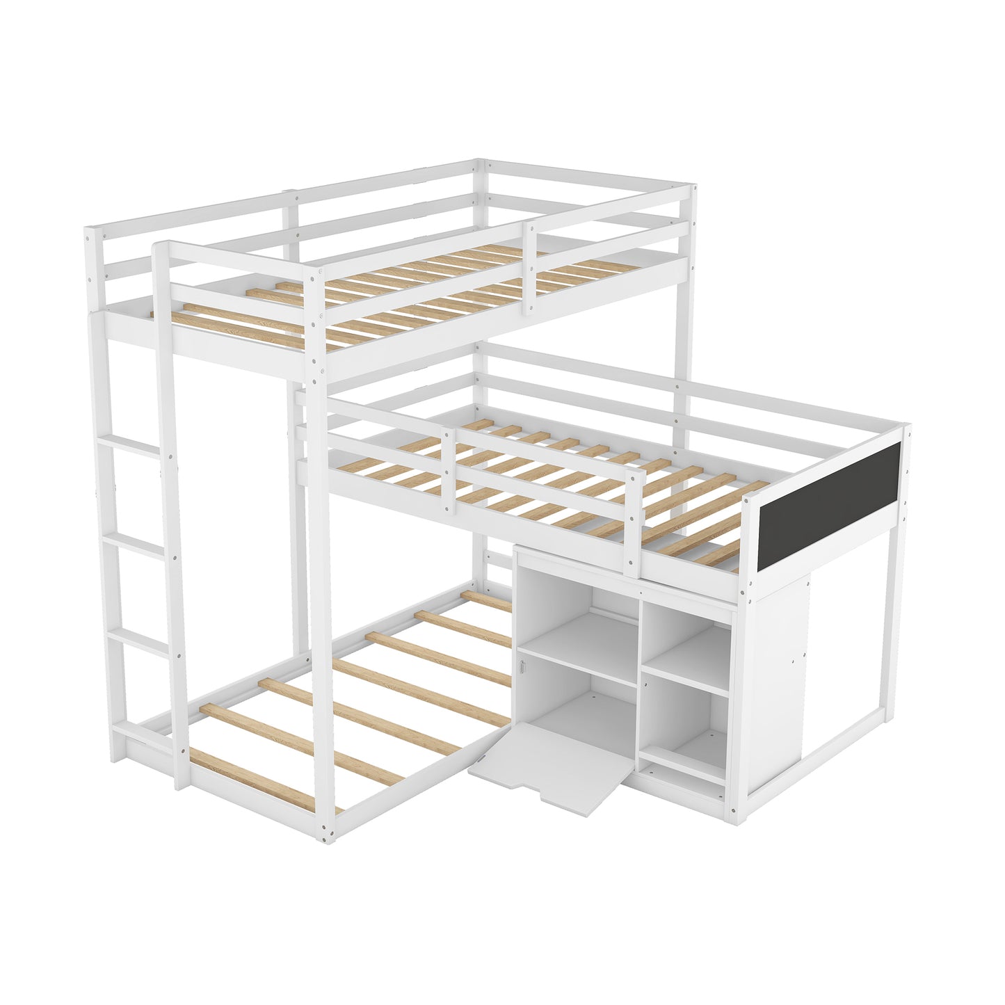 L-Shaped Triple Bunk Bed with Storage Cabinet, Blackboard, and White Finish - Innovative Space-Saving Solution