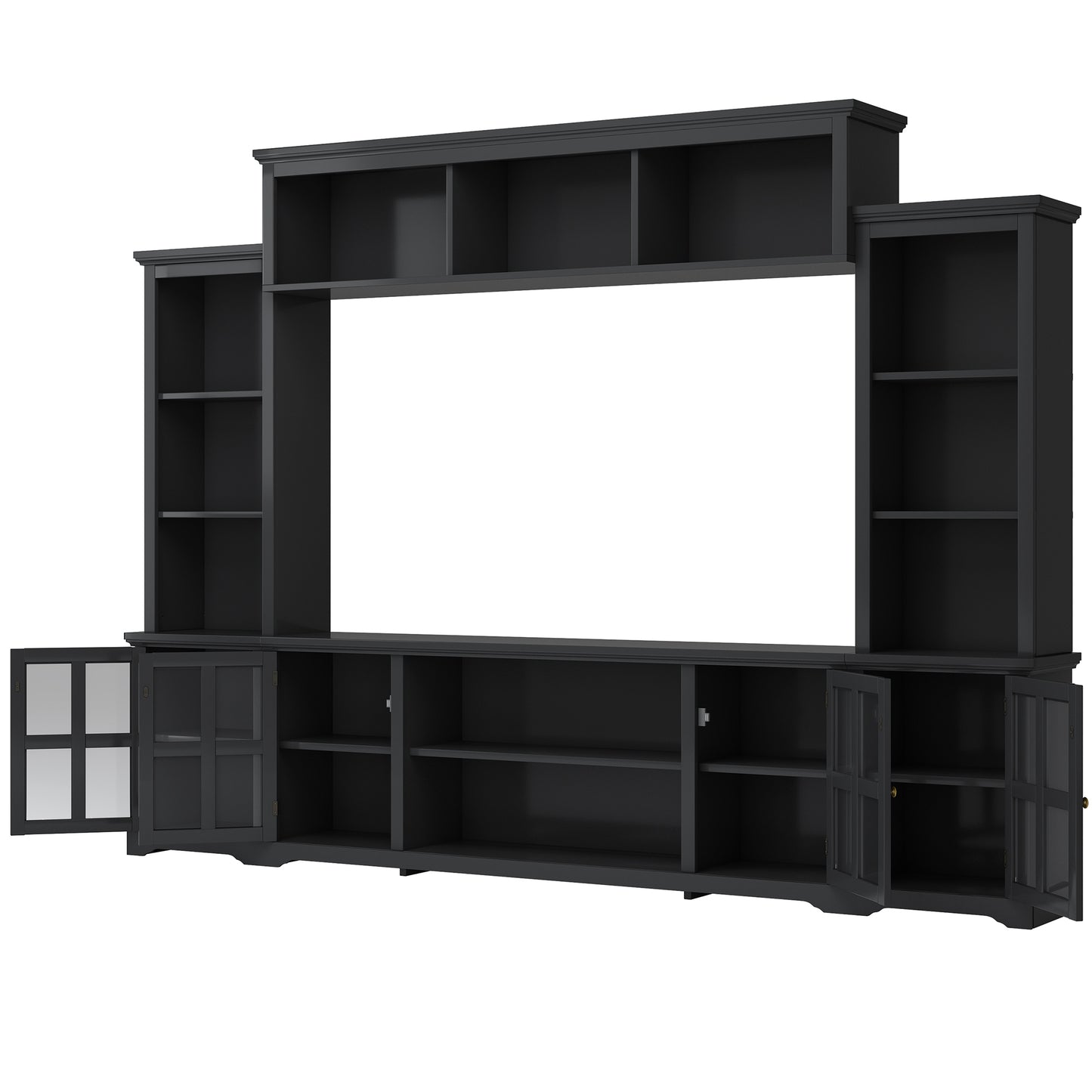 Sleek Entertainment Wall Unit with Bridge and Tempered Glass Door, Modern TV Console for TVs Up To 70