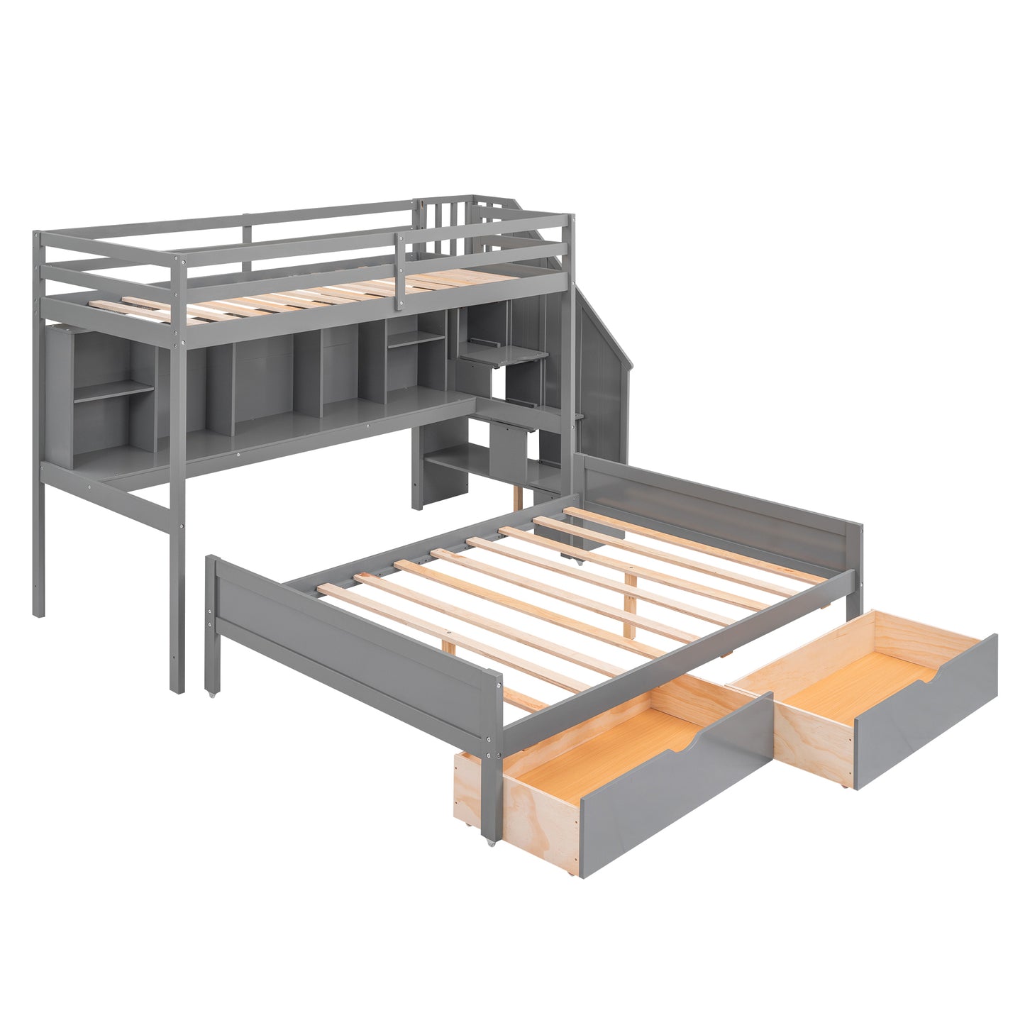 Gray Twin XL over Full Bunk Bed with Study Desk and Storage Solution