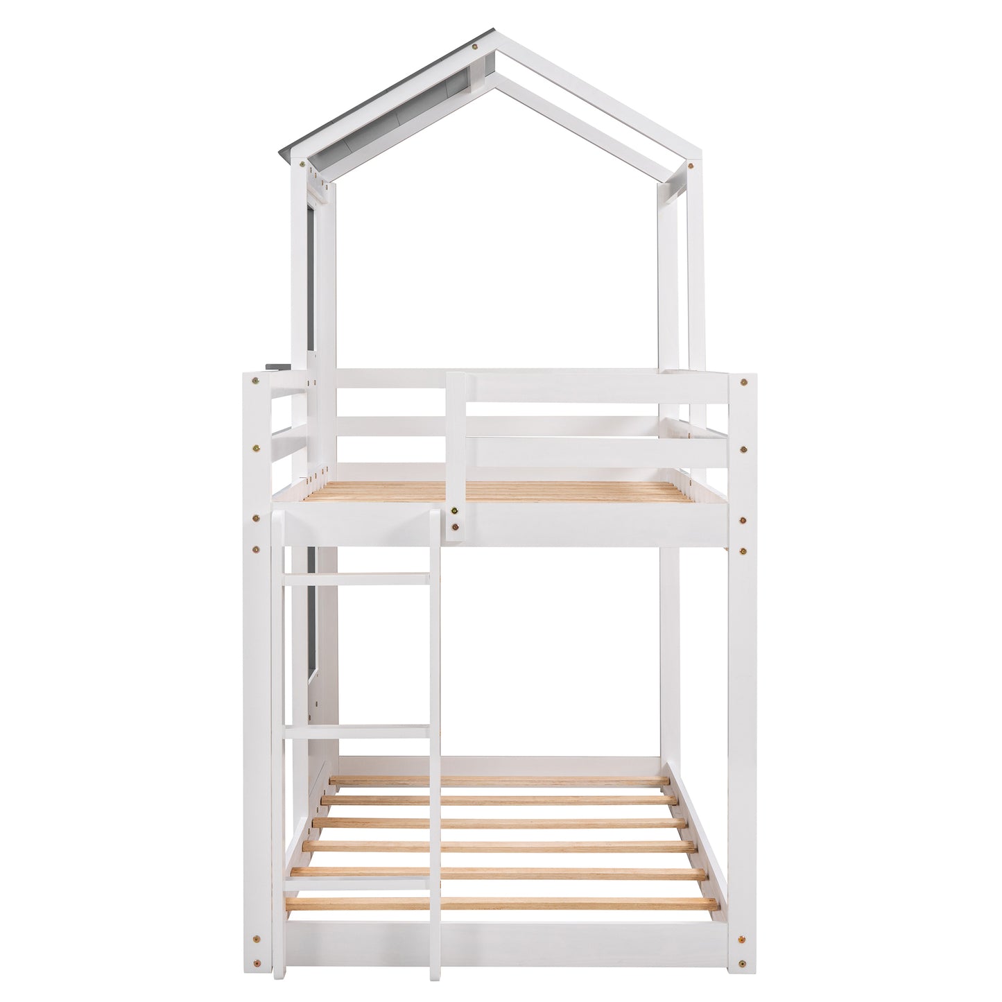 White Wooden Playhouse Bunk Bed with Roof and Guardrail