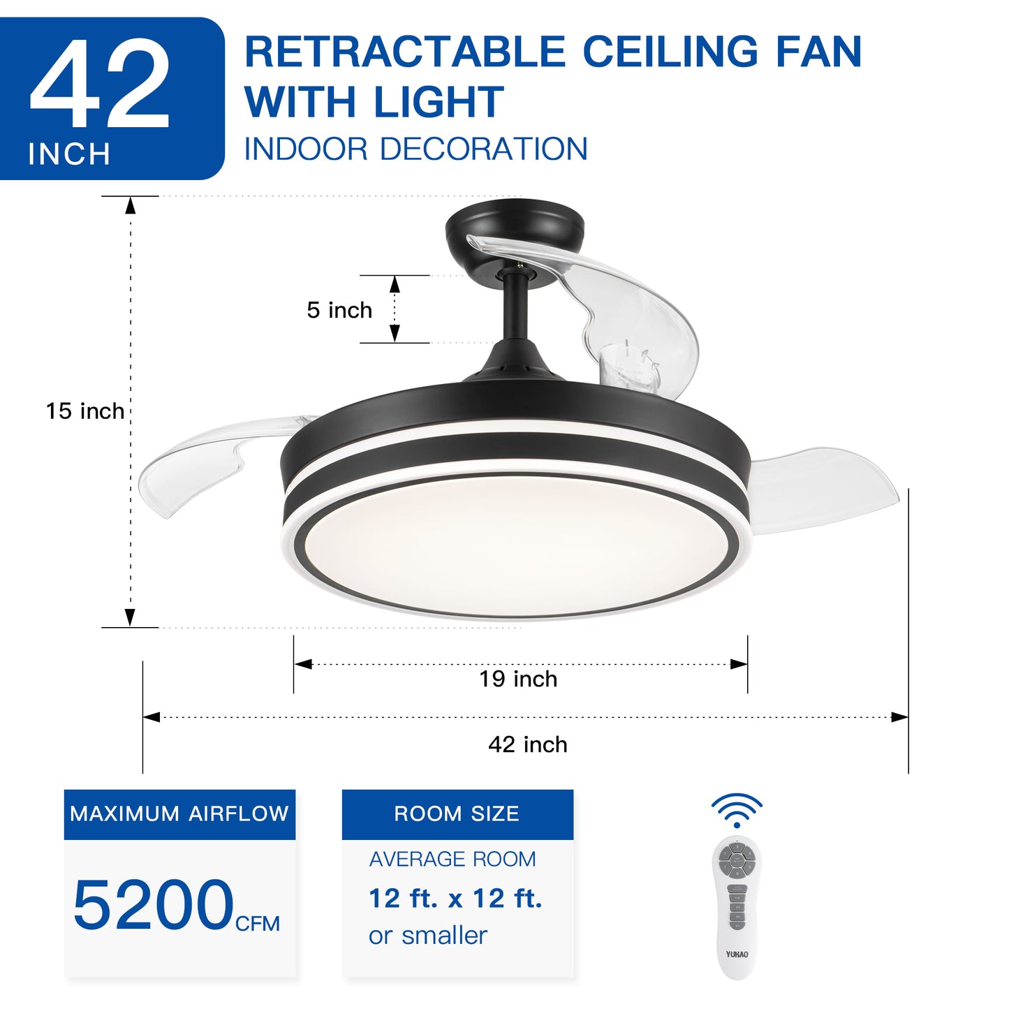 Modern Black Frame Ceiling Fan with Retractable Blades and Remote Control