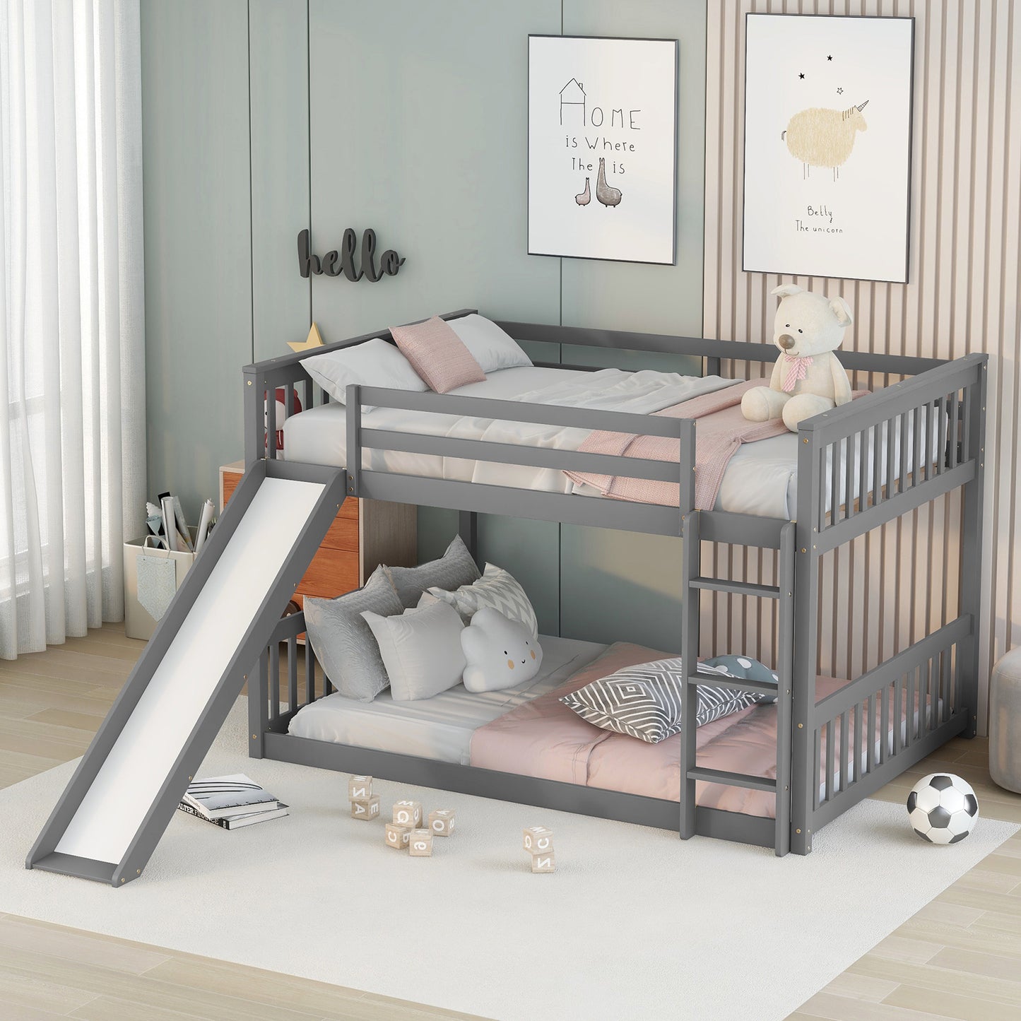 Grey Bunk Bed with Slide, Ladder, and Modern Design