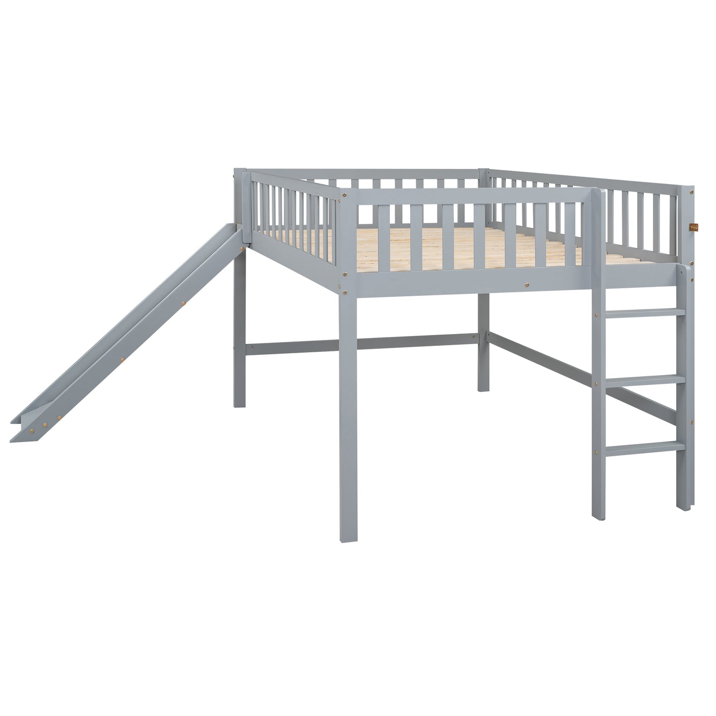 Full Size Low Loft Bed with Ladder and Slide,Gray