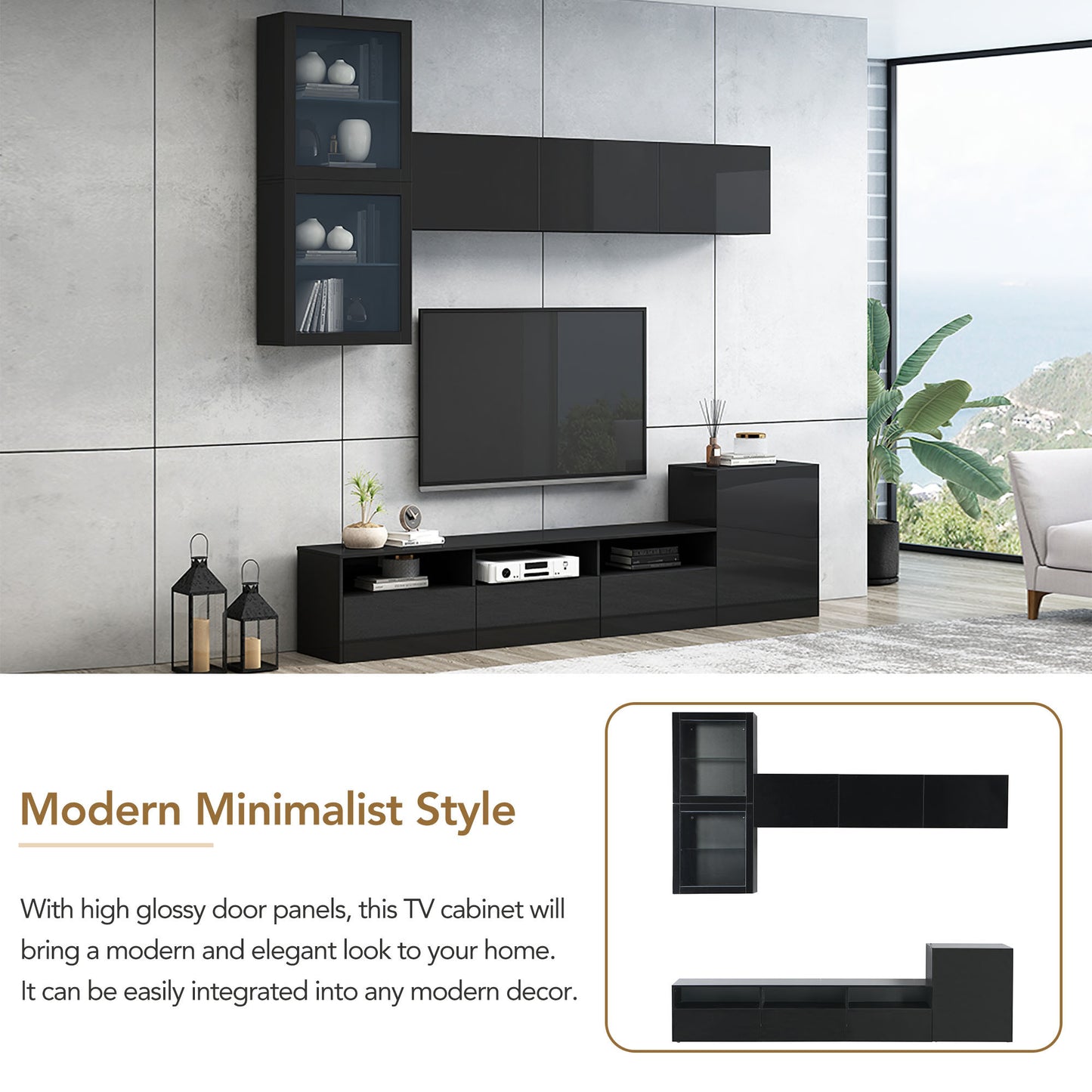 Modern Black High Gloss TV Stand with 9 Storage Cabinets