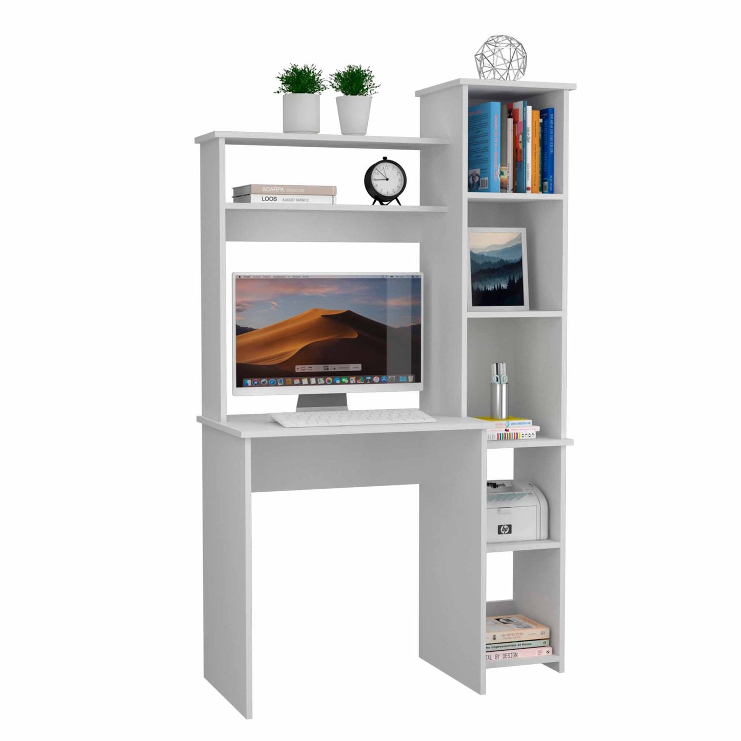 White Marston Writing Desk with Integrated Bookshelf