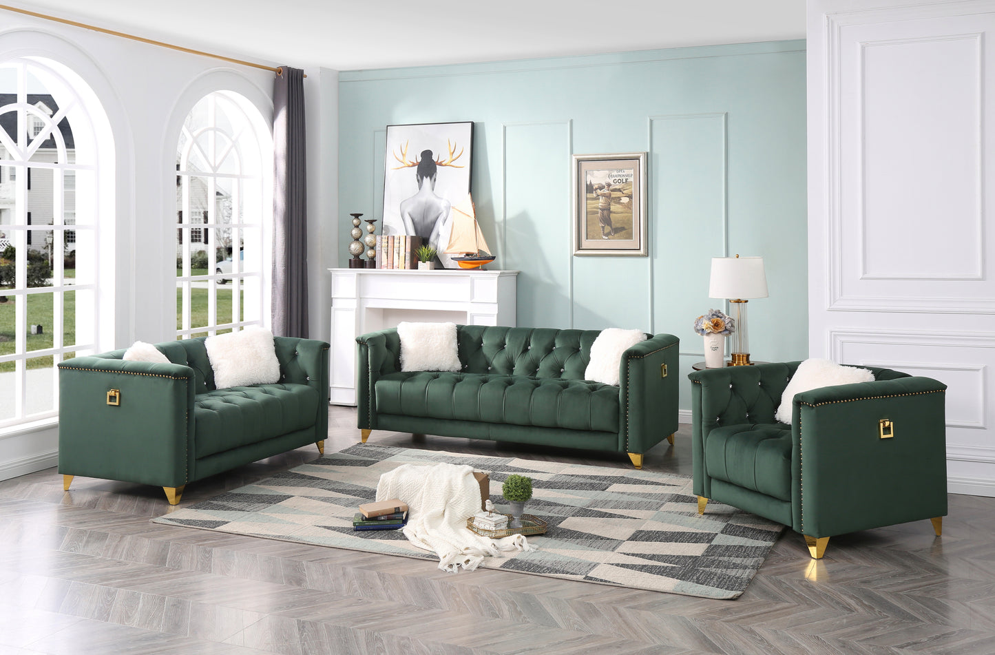 Russell Tufted Upholstery Sofa Finished in Velvet Fabric in Green