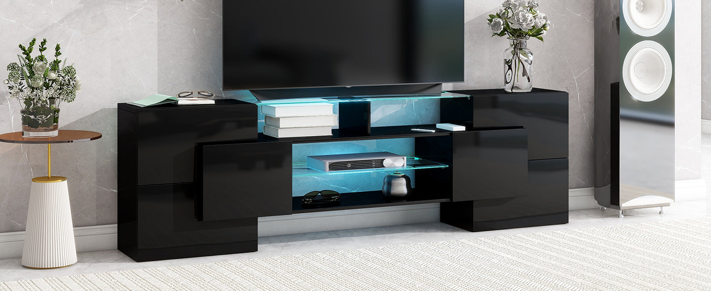 Black High Gloss TV Stand with LED Glass Shelves for TVs Up to 80