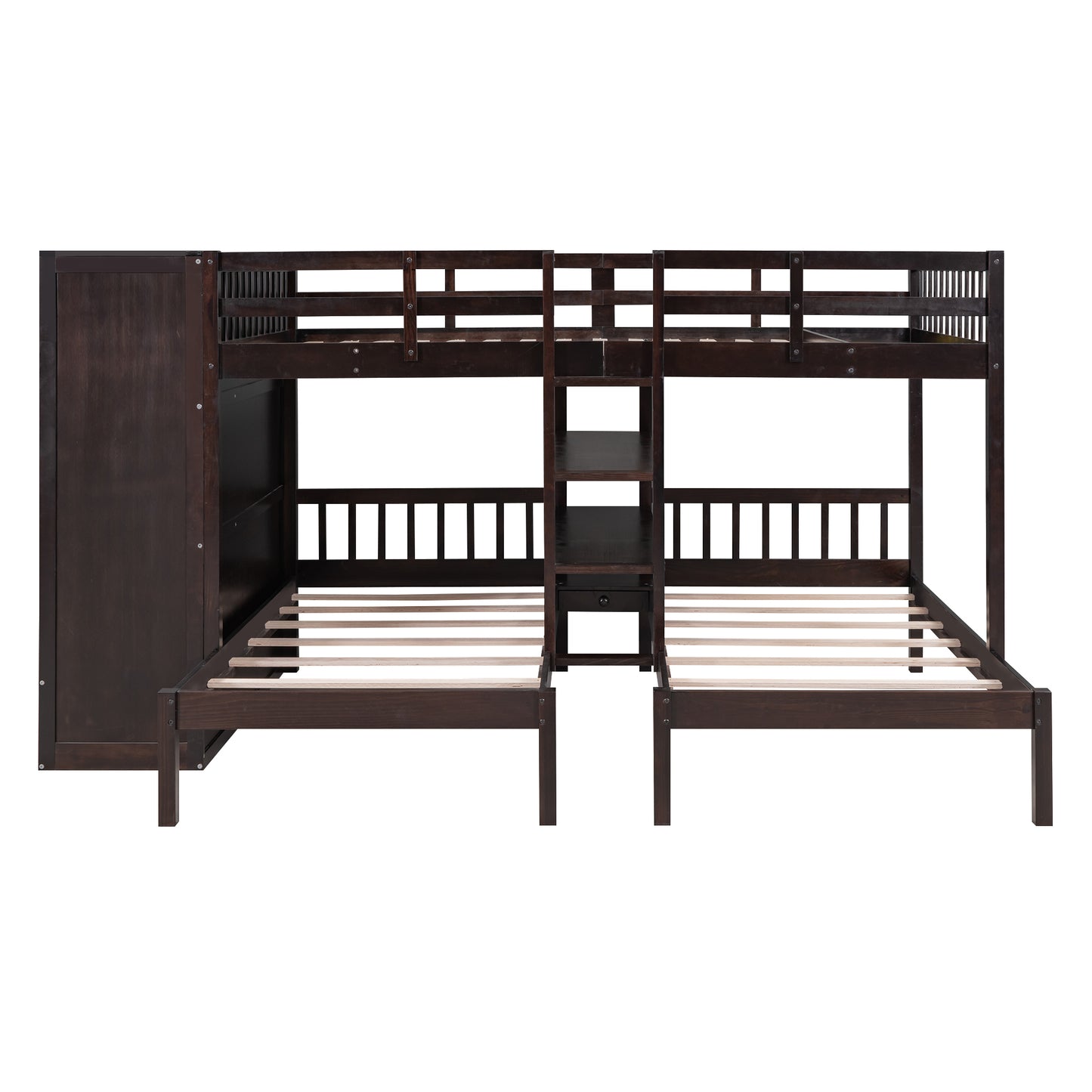 Efficient Espresso Bunk Bed with Twin Over Full, Wardrobe, Mirror, and Shelves