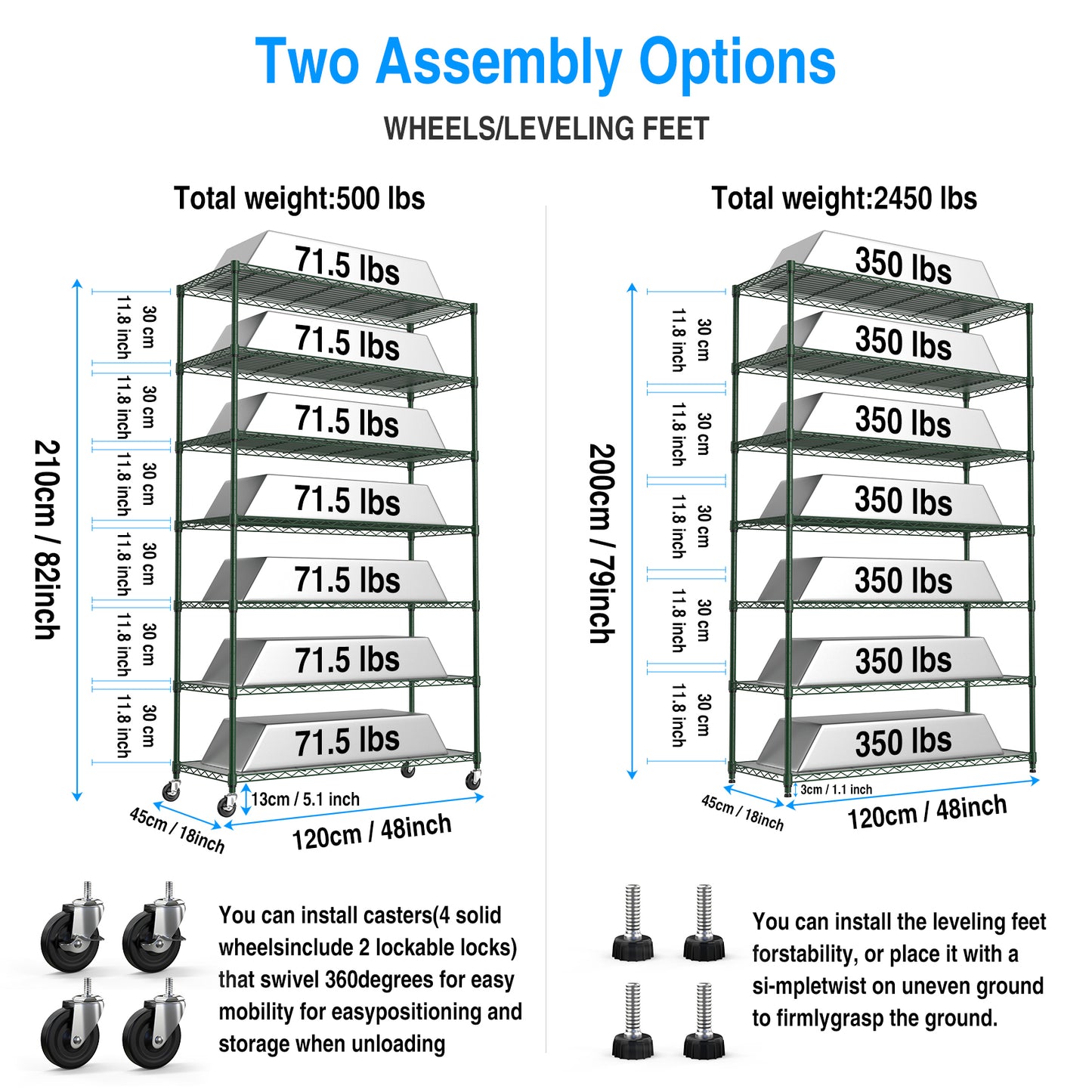 7 Tier Wire Shelving Unit, 2450 LBS NSF Height Adjustable Metal Garage Storage Shelves with Wheels, Heavy Duty Storage Wire Rack Metal Shelves - Green