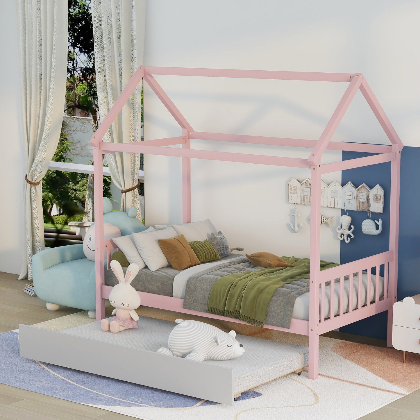 Solid Wood Twin House Bed Frame with Twin Size Trundle For Warm Pink Color, No Box Spring Needed