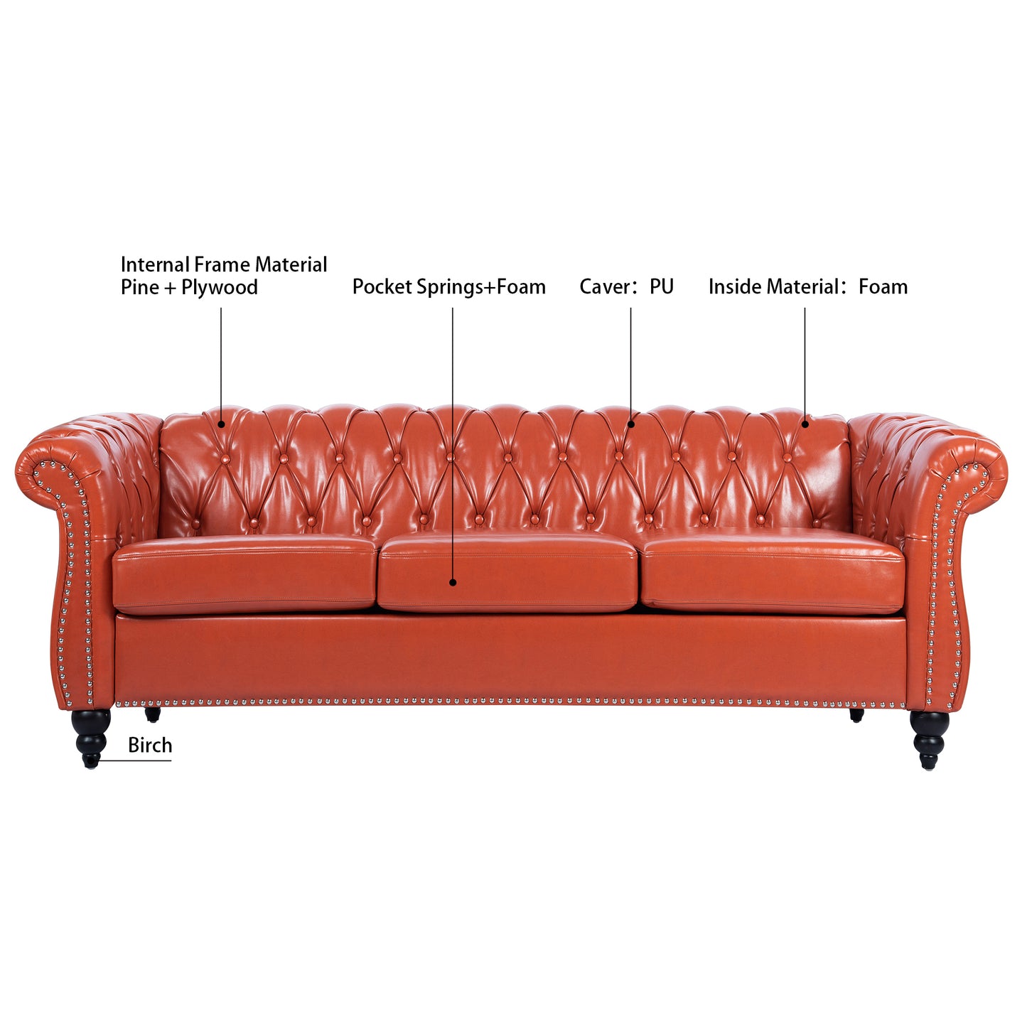 Classic Design 3-Seater Sofa with Rolled Arms and Chesterfield Look