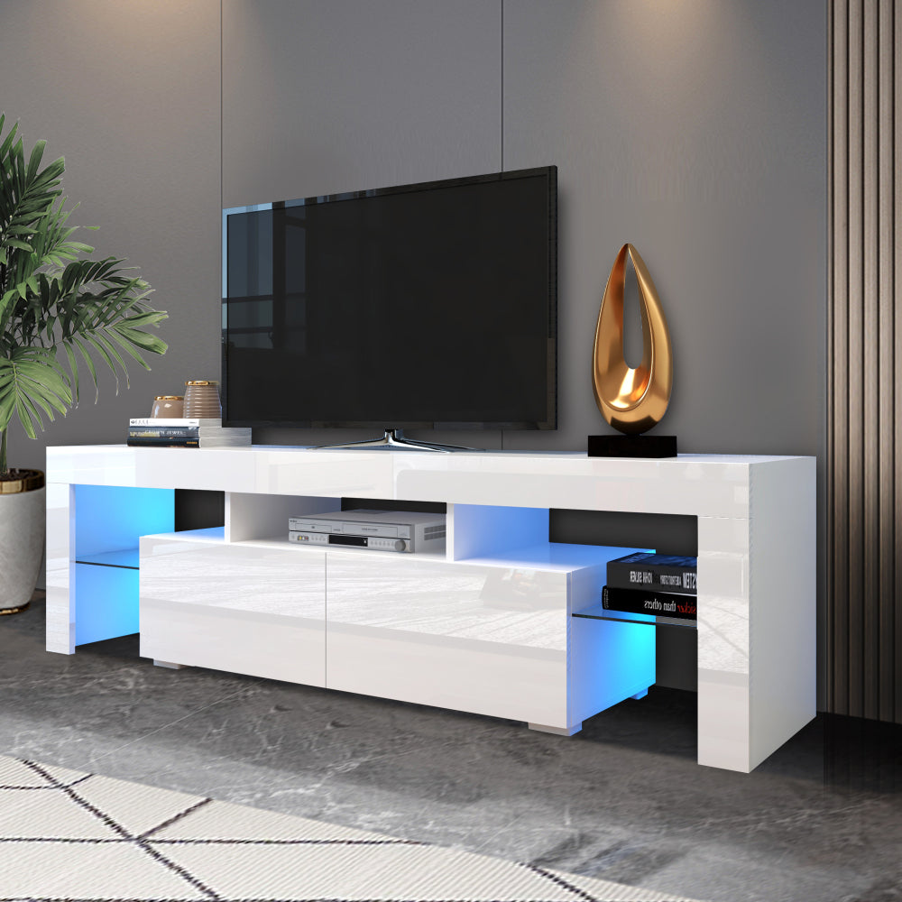 LED TV Stand with Remote Controlled Lights in Modern White, 20 Color Options