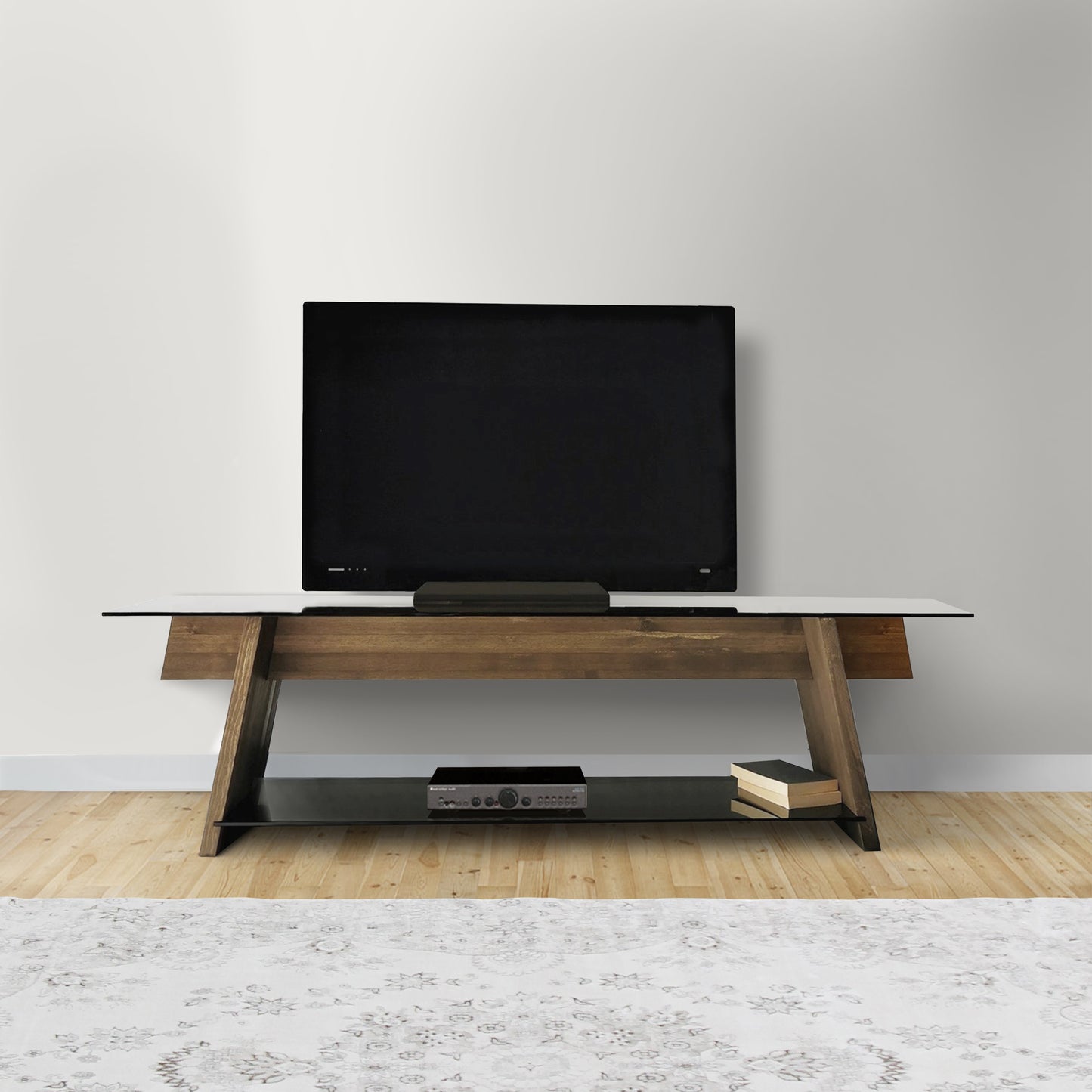 62 Modern Brown and Black Glass TV Console Stand with Wood Frame