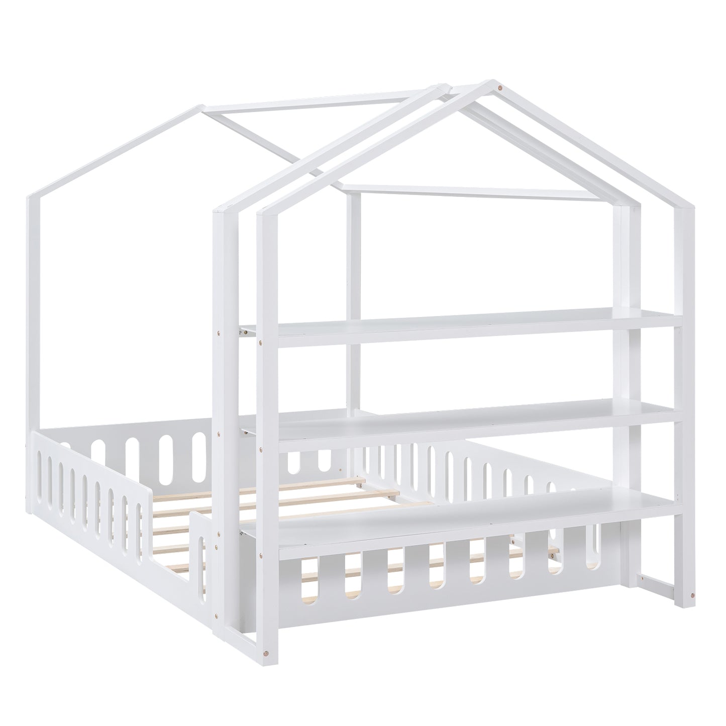 Full Size Wood House Bed with Fence and Detachable Storage Shelves, White(Expected Arrival Time: 1.7)