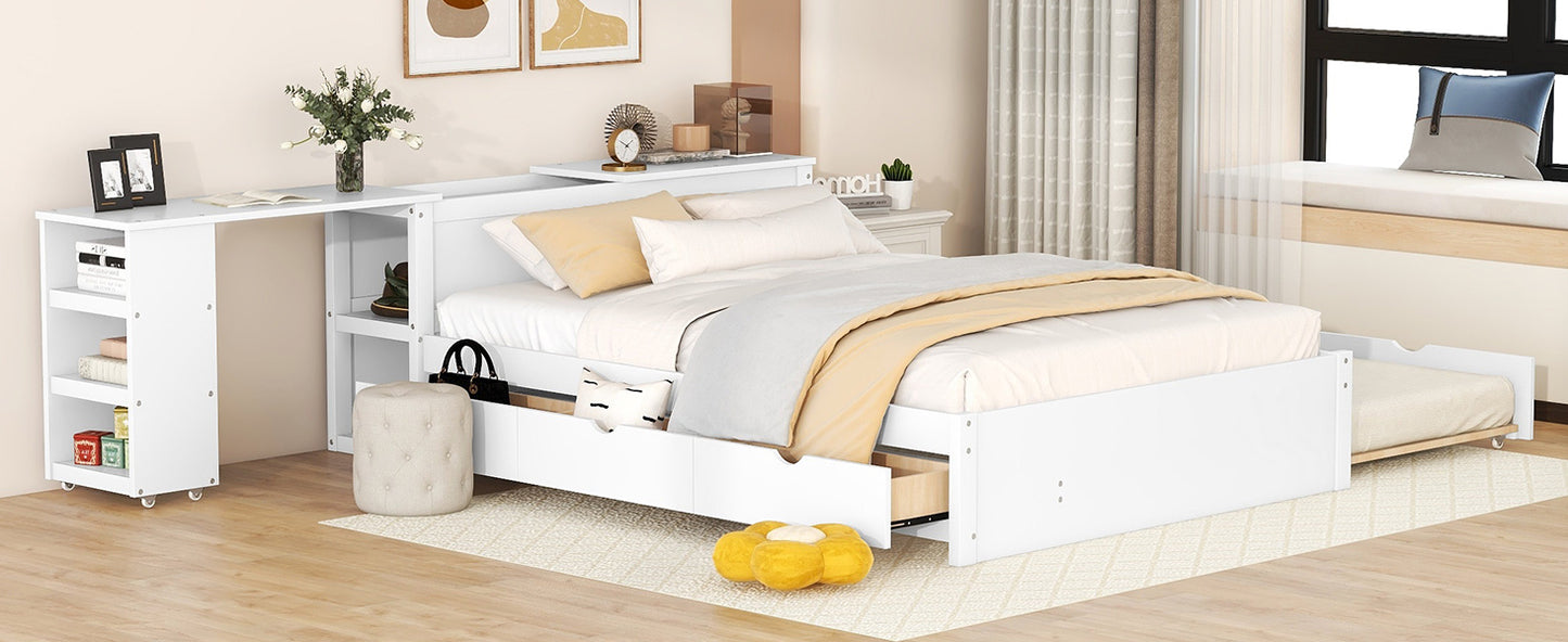 Full Size Platform Bed With a Rolling Shelf, White