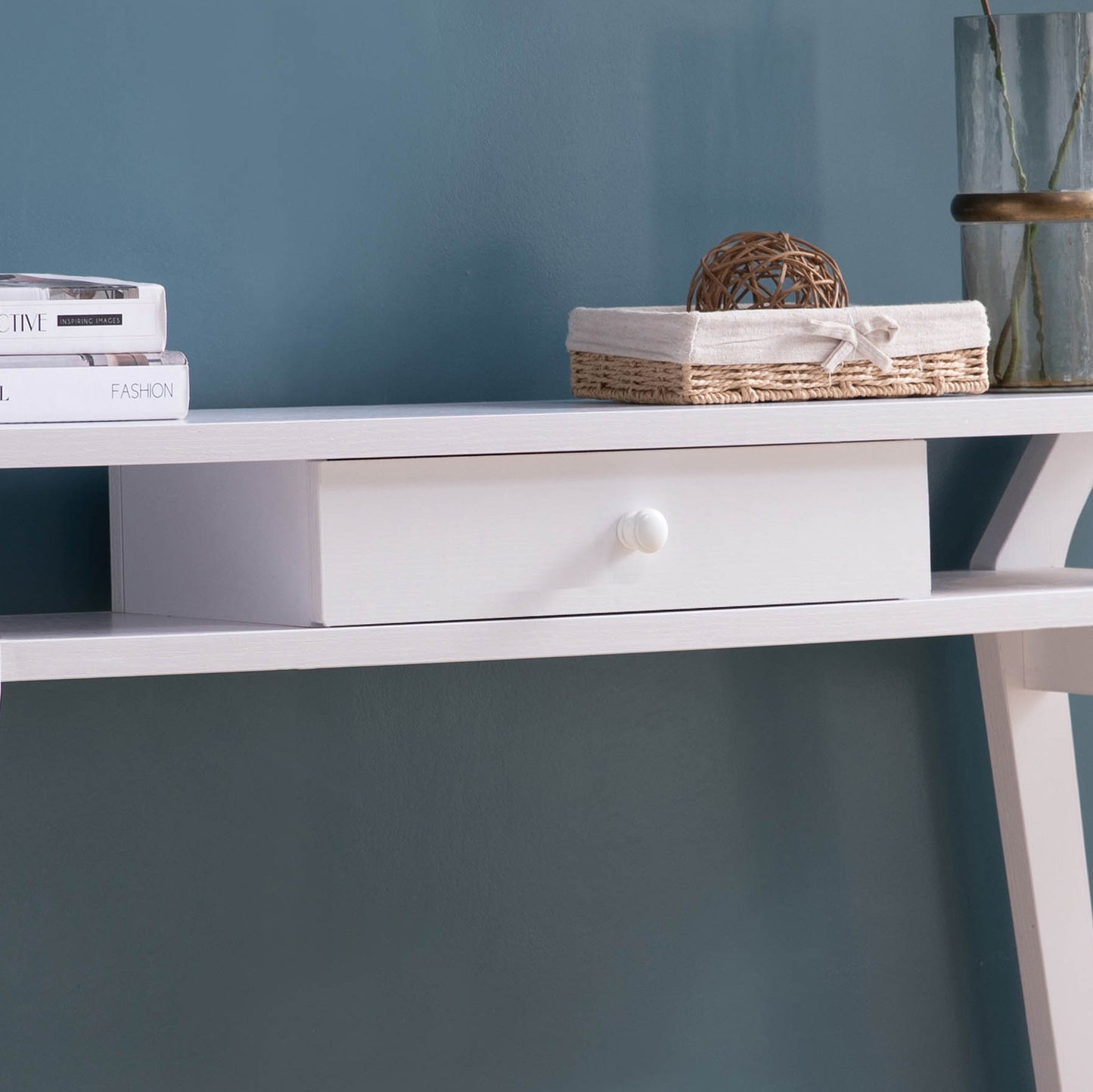 White Console Desk with Drawer and Side Shelves