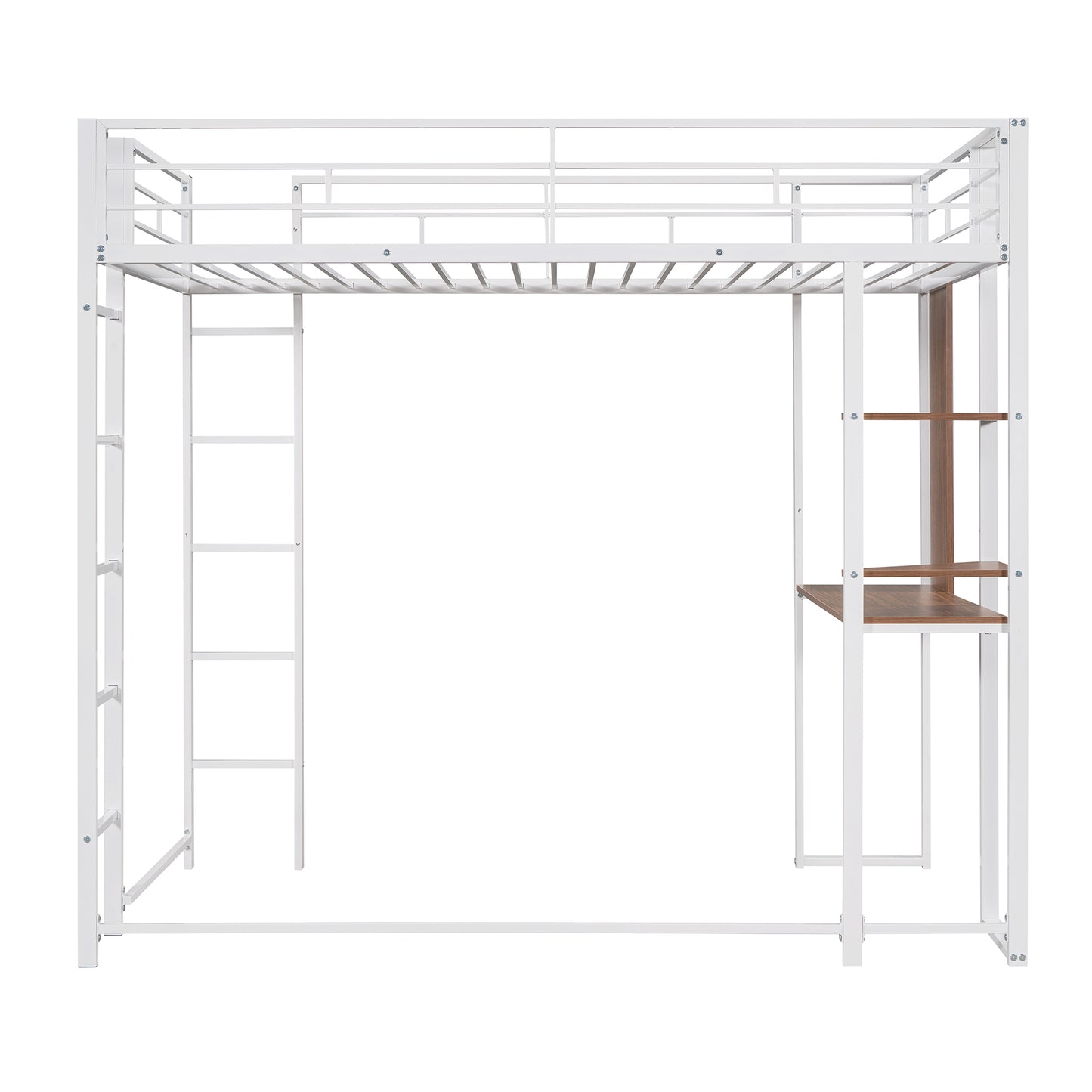 Twin Metal Loft Bed with 2 Shelves and one Desk ,WHITE(: MF281206AAK)