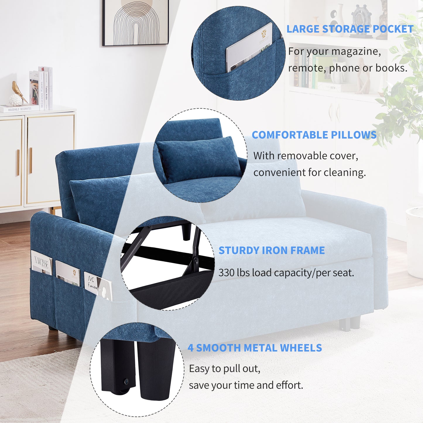 55.1 Blue Pull Out Sleeper Loveseat Sofa Bed with Adjustable Backrest and USB Ports