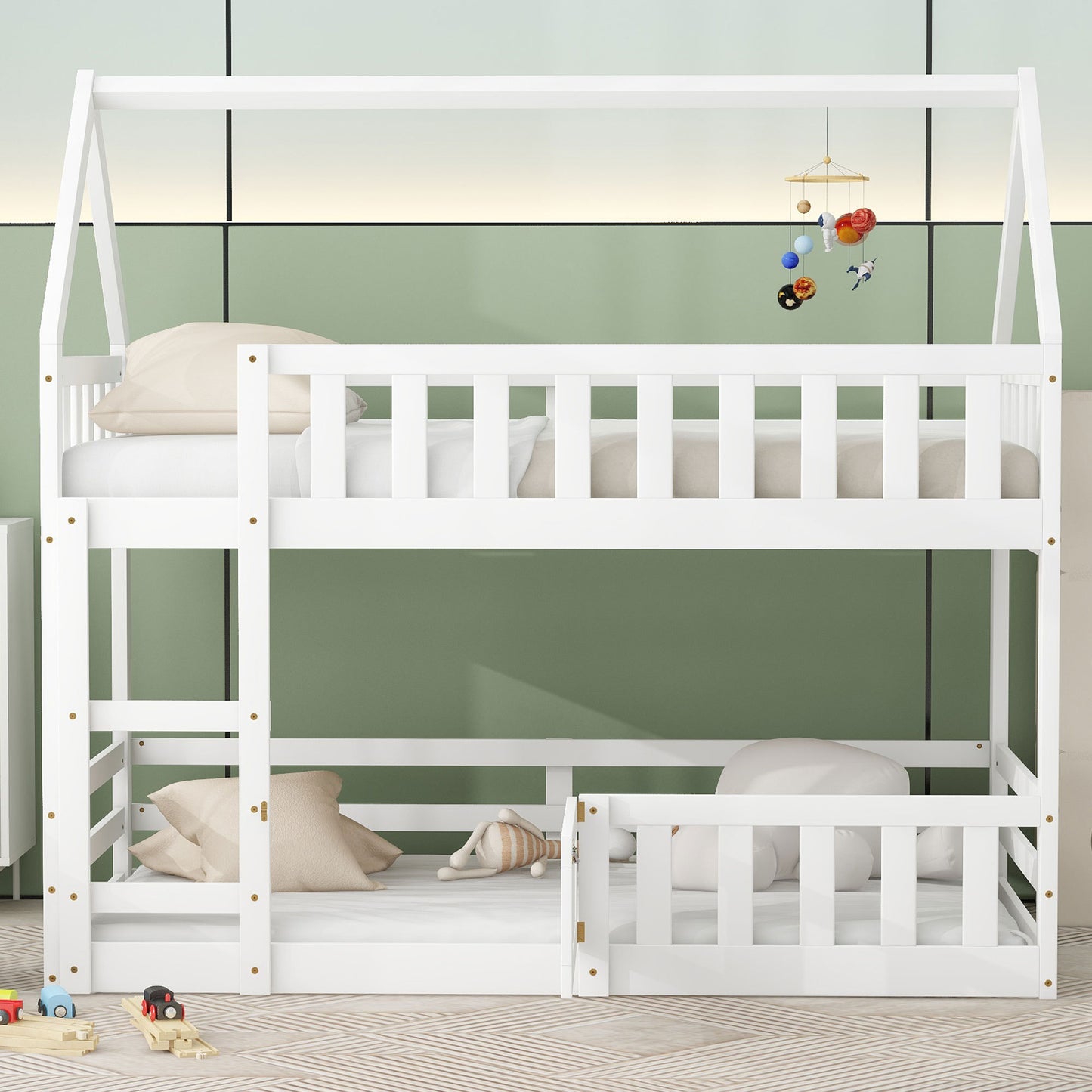 Enchanted White Twin over Twin House Bunk Bed with Playful Fence and Entryway