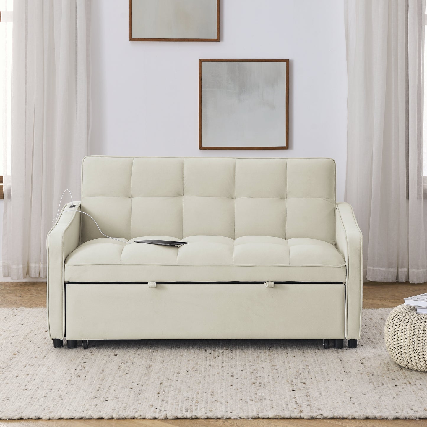 Loveseats Sofa Bed with Pull-out Bed,Adjsutable Back and Two Arm Pocket,TypeC and USB Charging with Copper nail,Beige (47"x53"x31")