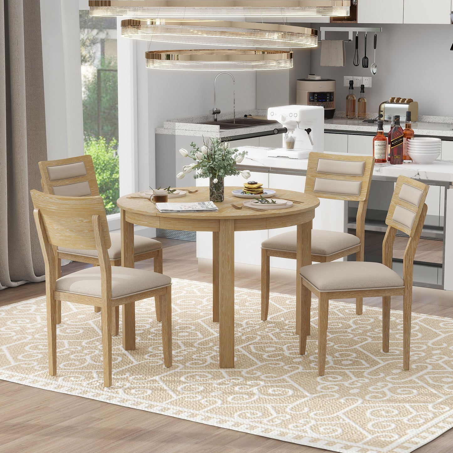 TREXM 5-Piece Multifunctional Dining Table Set, Farmhouse Dining Set with Extendable  Round Table ,Two Small Drawers and 4 Upholstered Dining Chairs for Kitchen and Dining Room (Natural Wood Wash)