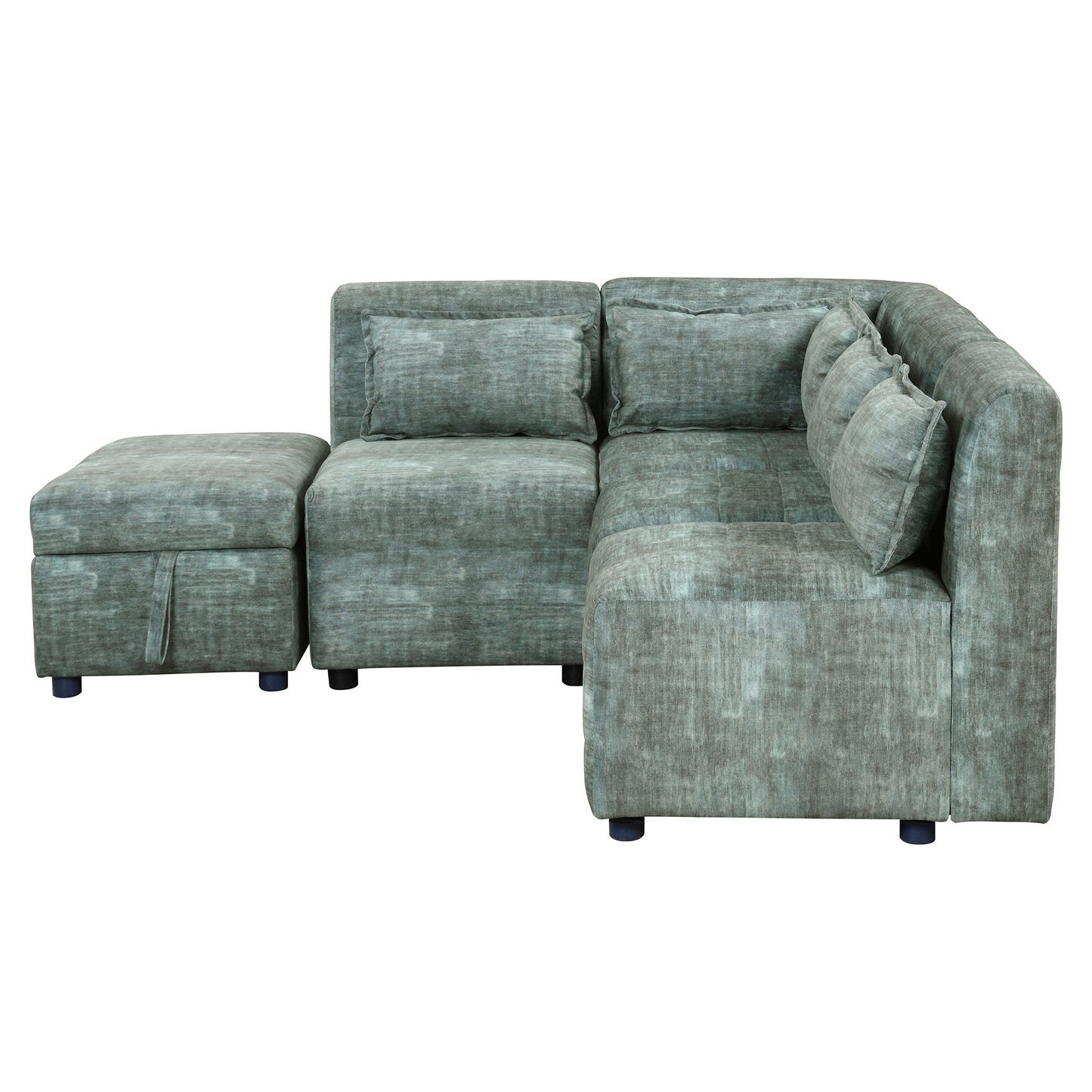 Endless Lounge Creations: Free-Combined Blue-Green Sectional Sofa with Storage Ottoman and 5 Pillows