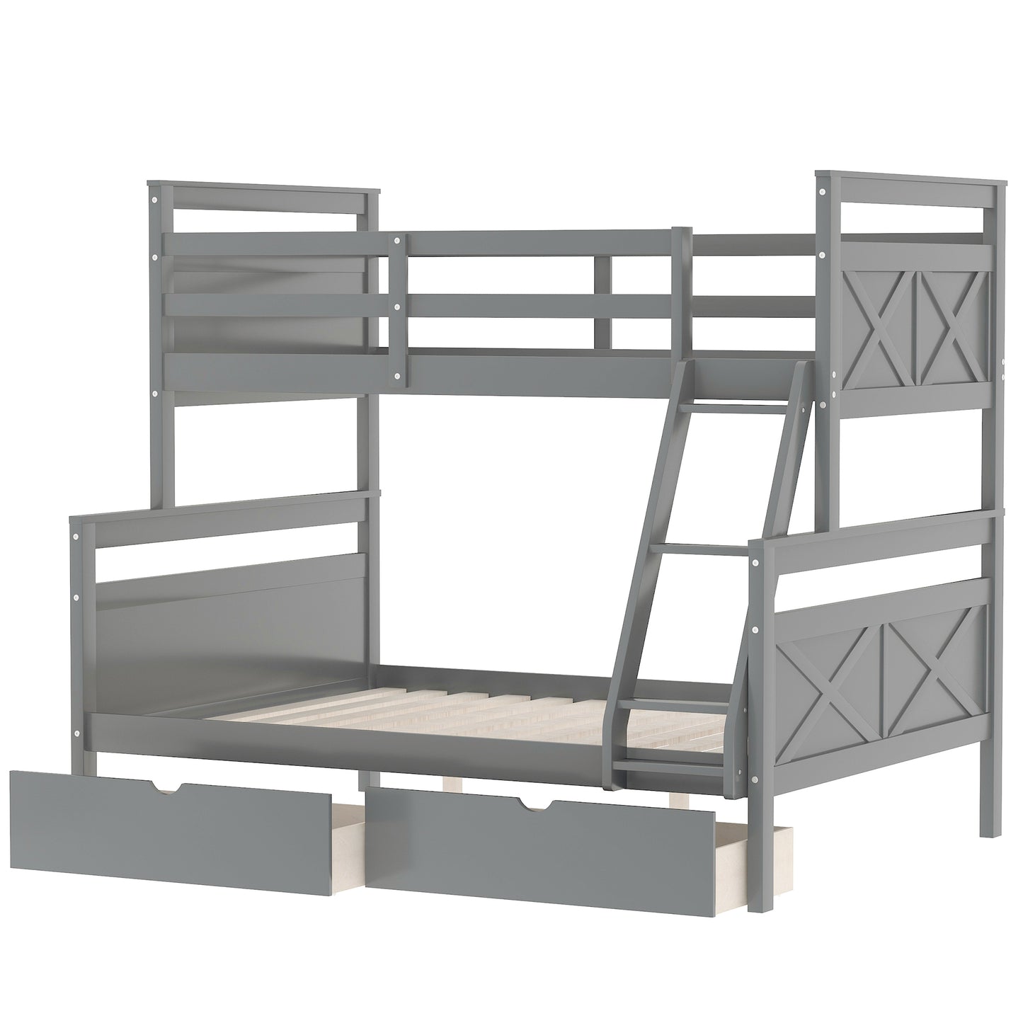 Versatile Gray Twin over Full Bunk Bed with Storage Drawers, Guardrail, and Ladder