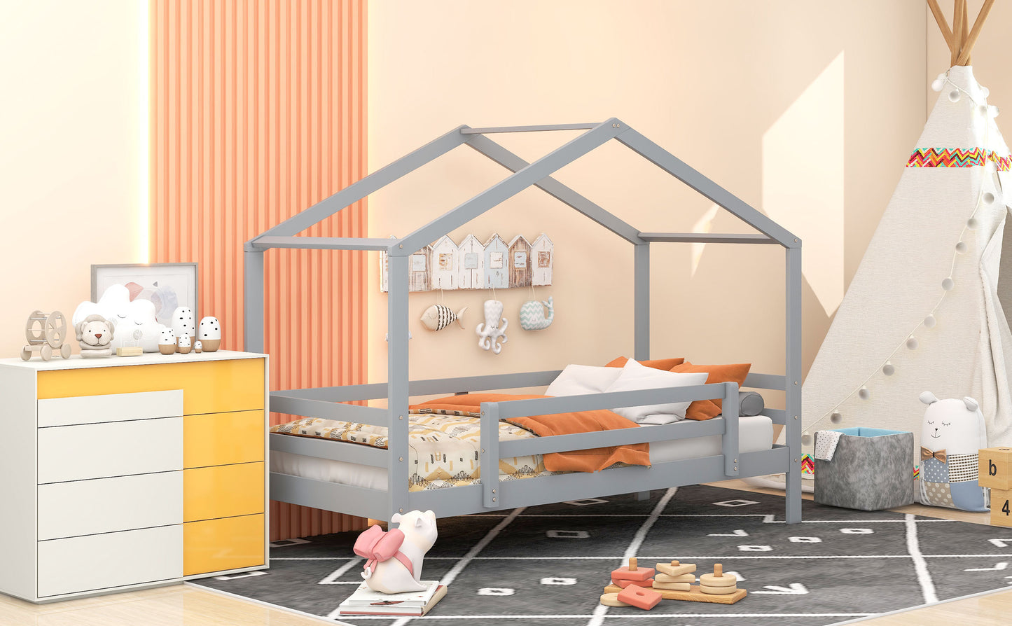 House-Themed Twin Bunk Bed with Slide, Roof, and Ladder for Kids