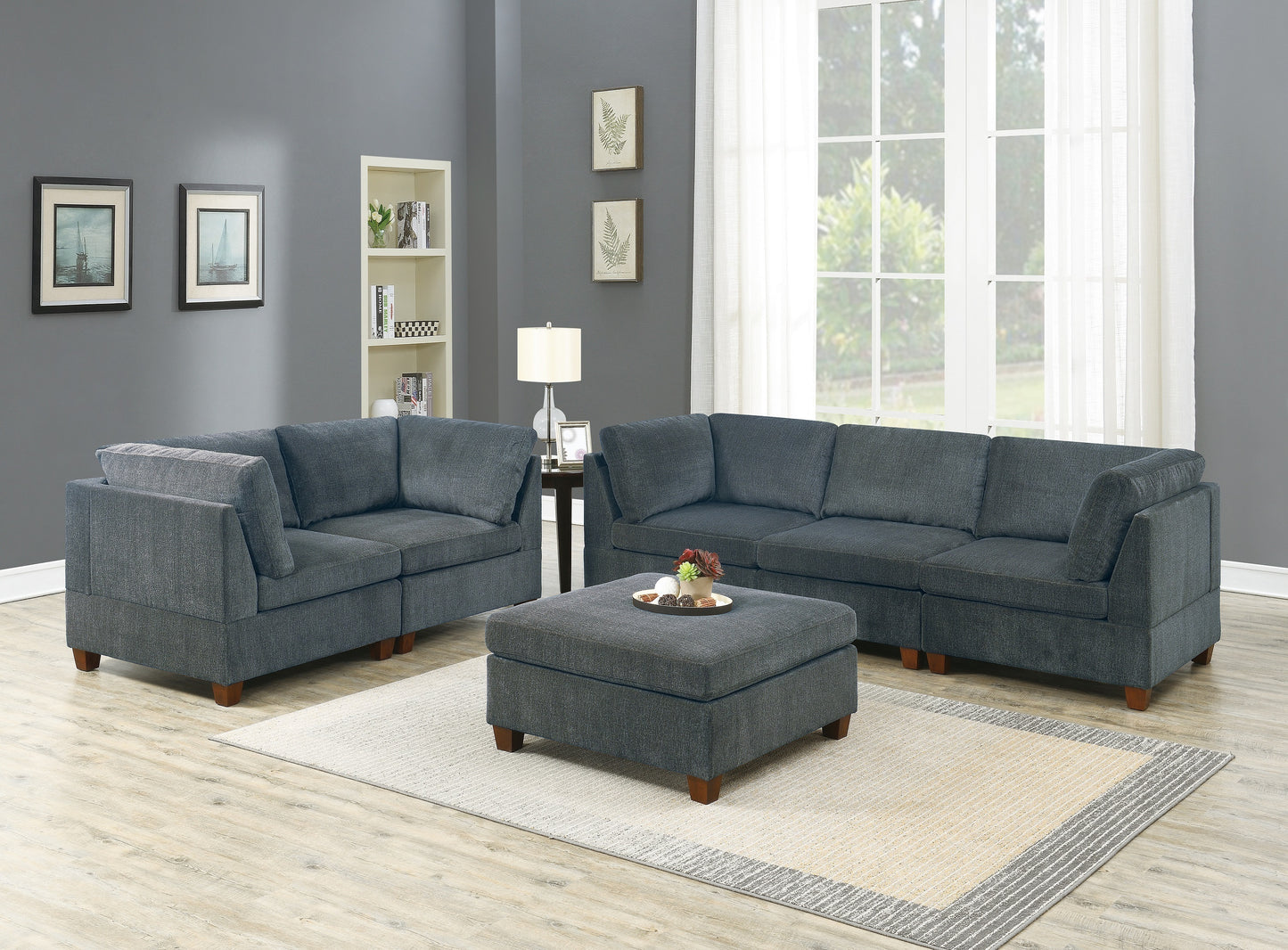 Contemporary Grey Chenille Modular Sofa Set with Ottoman and Armless Chair