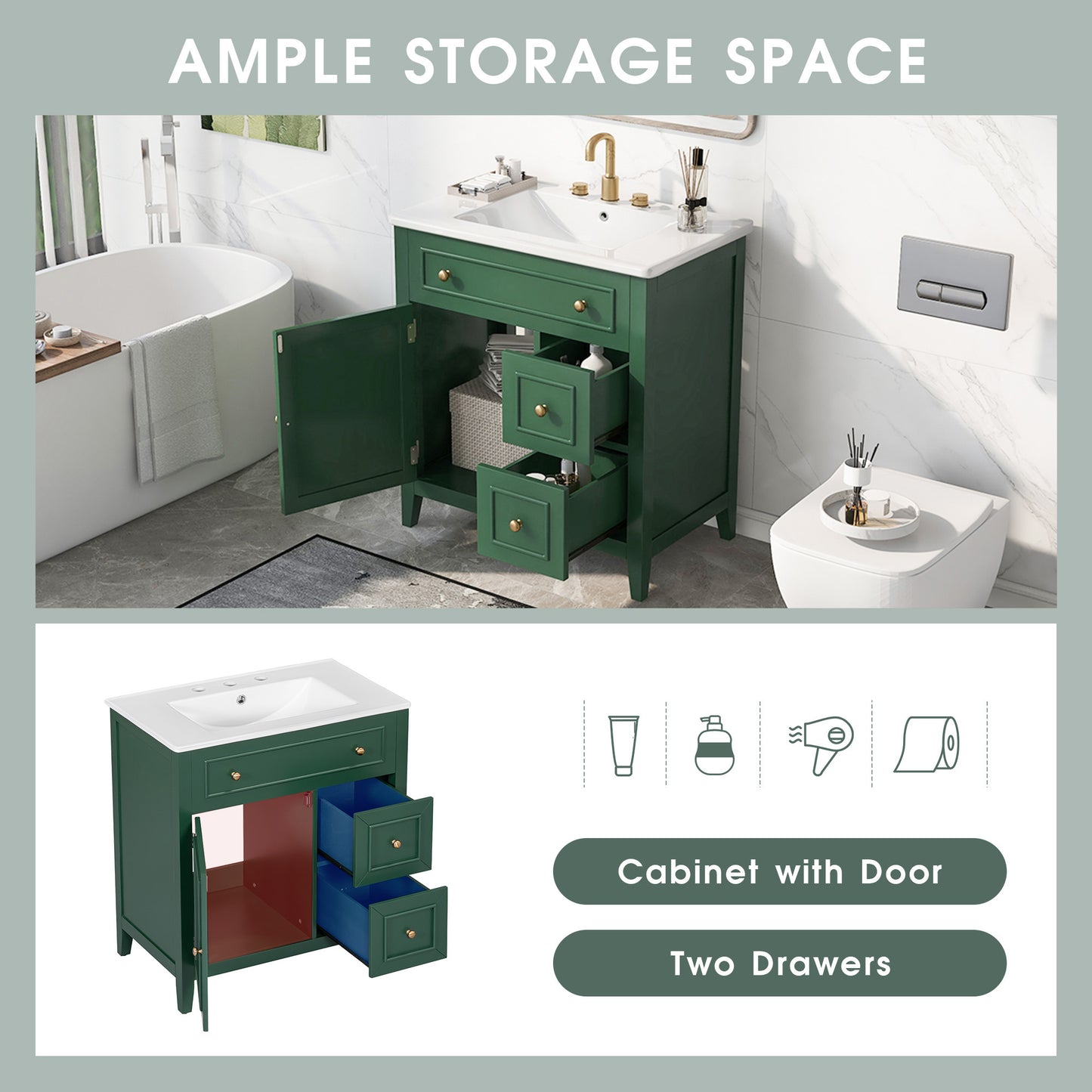 30" Bathroom Vanity with Sink Top, Bathroom Vanity Cabinet with Door and Two Drawers, Solid Wood Frame, One Package, Green