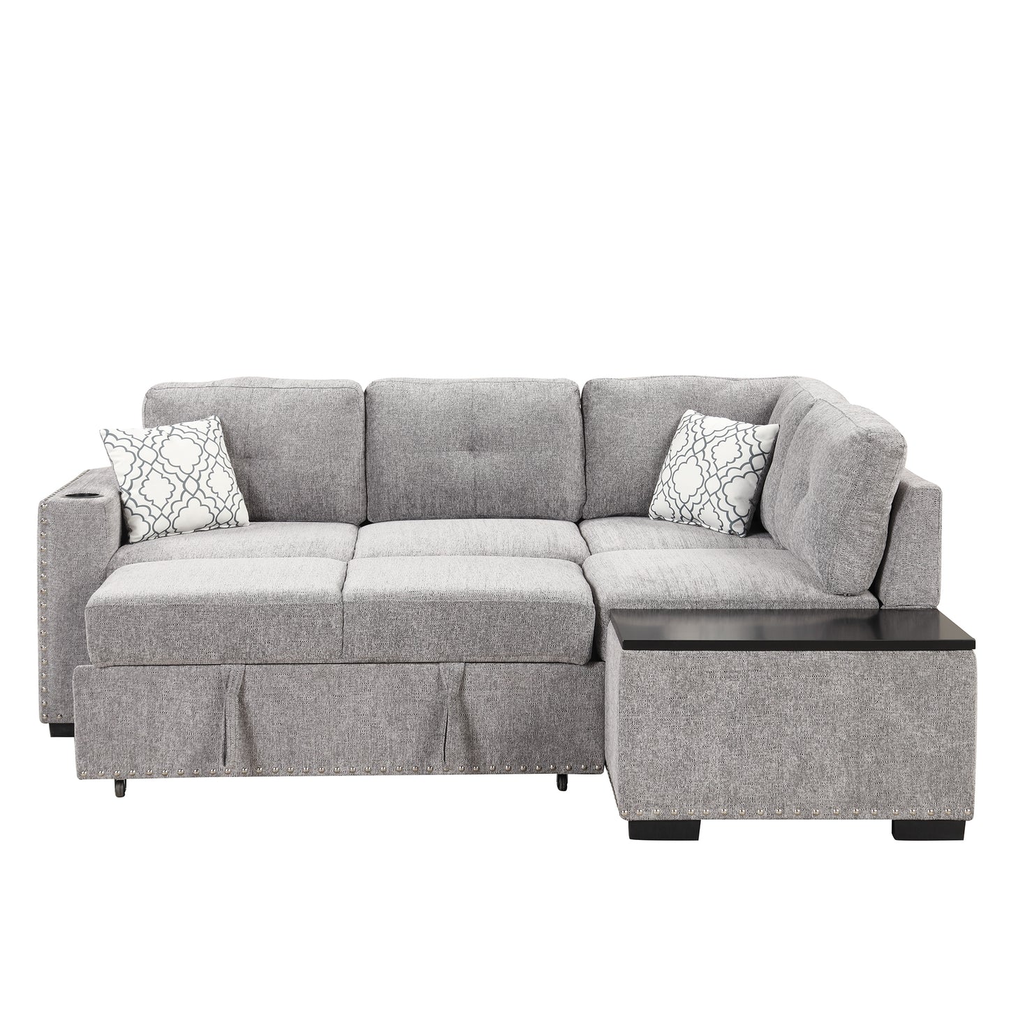 Convertible L-Shaped Sectional Sleeper Sofa with Storage Chaise and Charging Ports in Light Gray