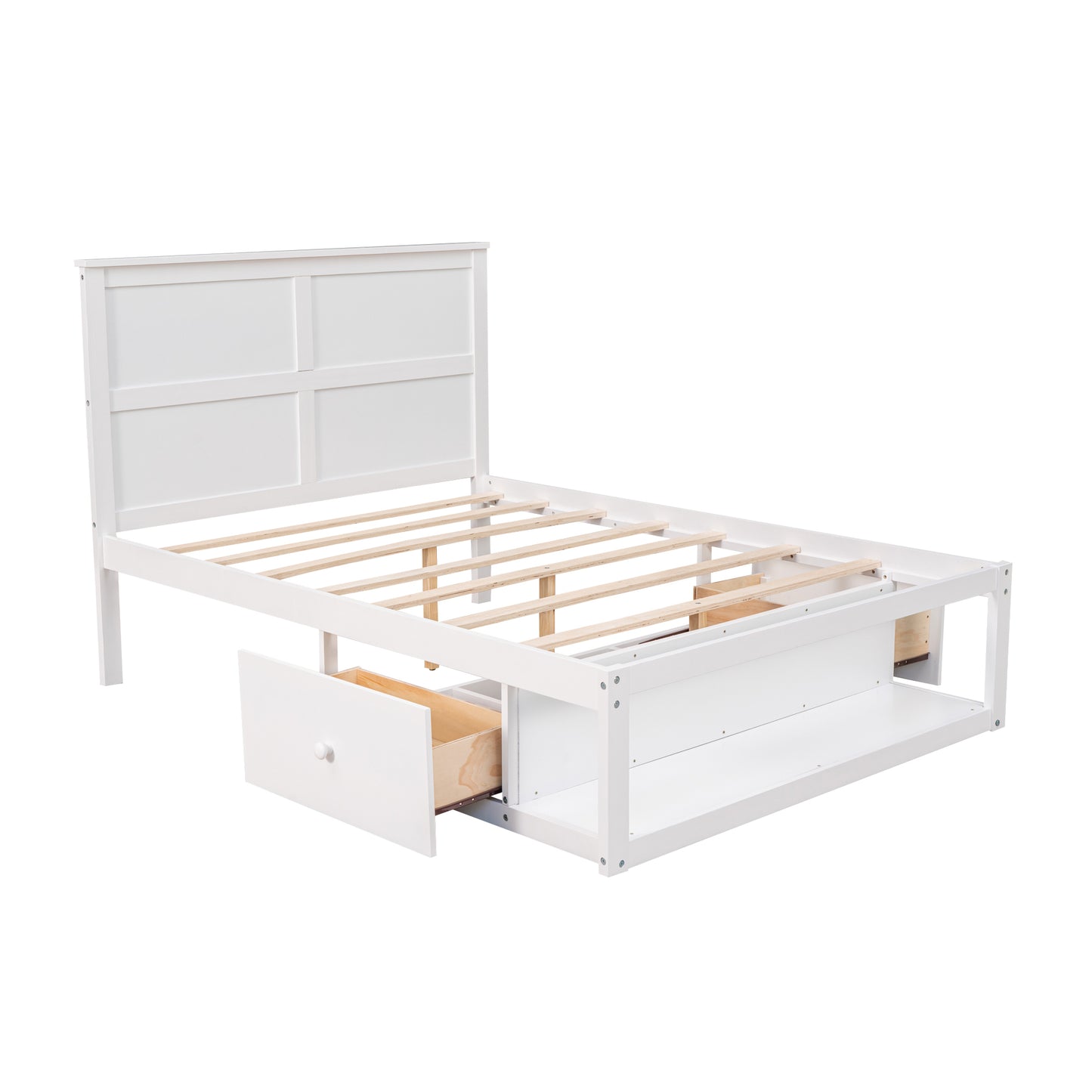 Full Size Platform Bed with Drawer on the Each Side and Shelf on the End of the Bed, White