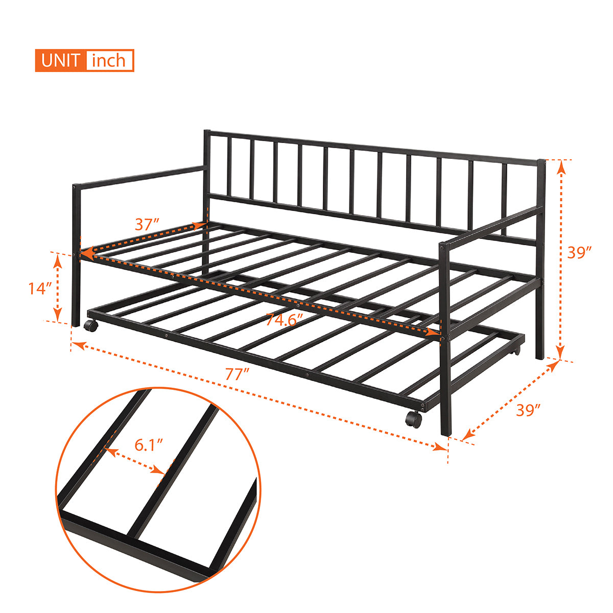 Twin Daybed with Trundle Multifunctional Metal Lounge Daybed Frame for Living Room Guest Room