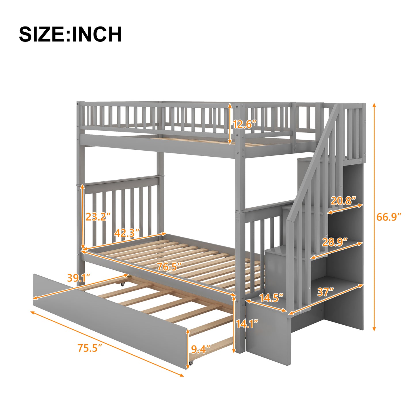 Gray Twin Bunk Bed with Trundle, Storage, and Versatility