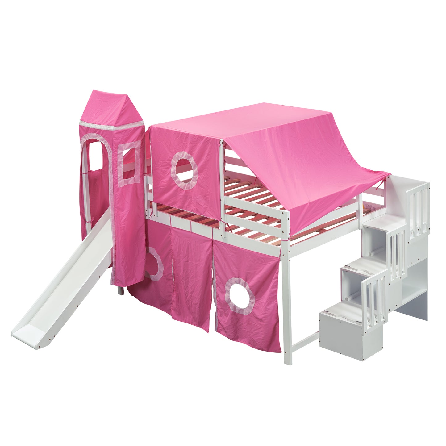 Full Size Loft Bed with Tent and Tower - Pink