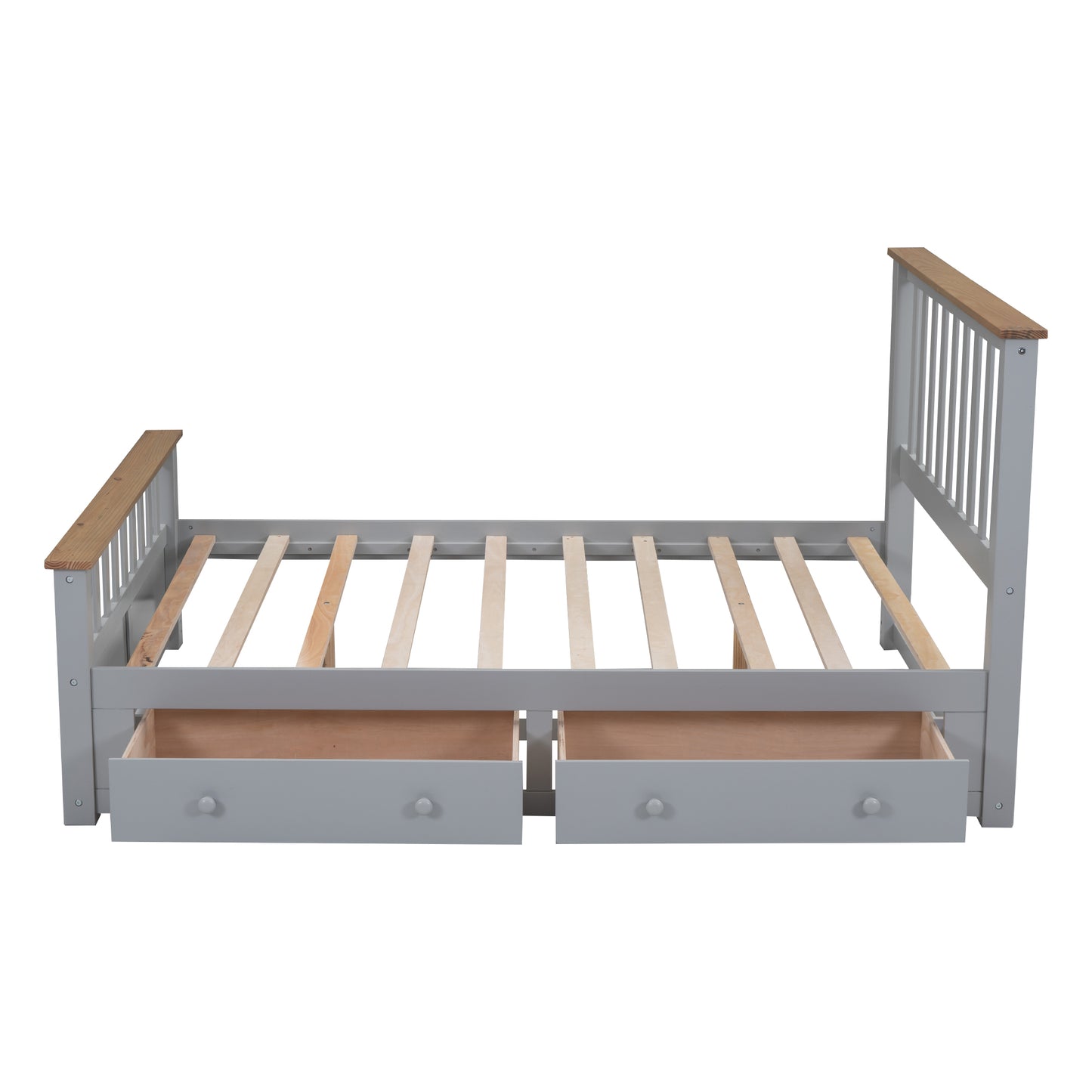 Full Size Wood Platform Bed with Two Drawers and Wooden Slat Support,Gray+Natrual