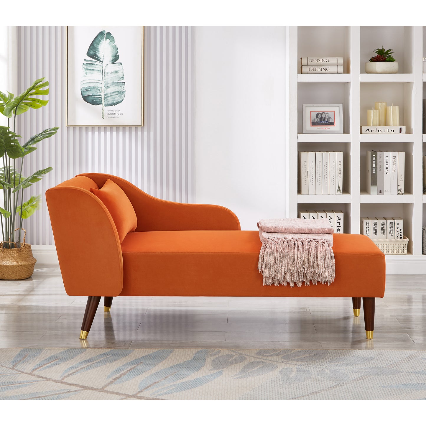 Modern Chaise Lounge Chair Velvet Upholstery (Orange)