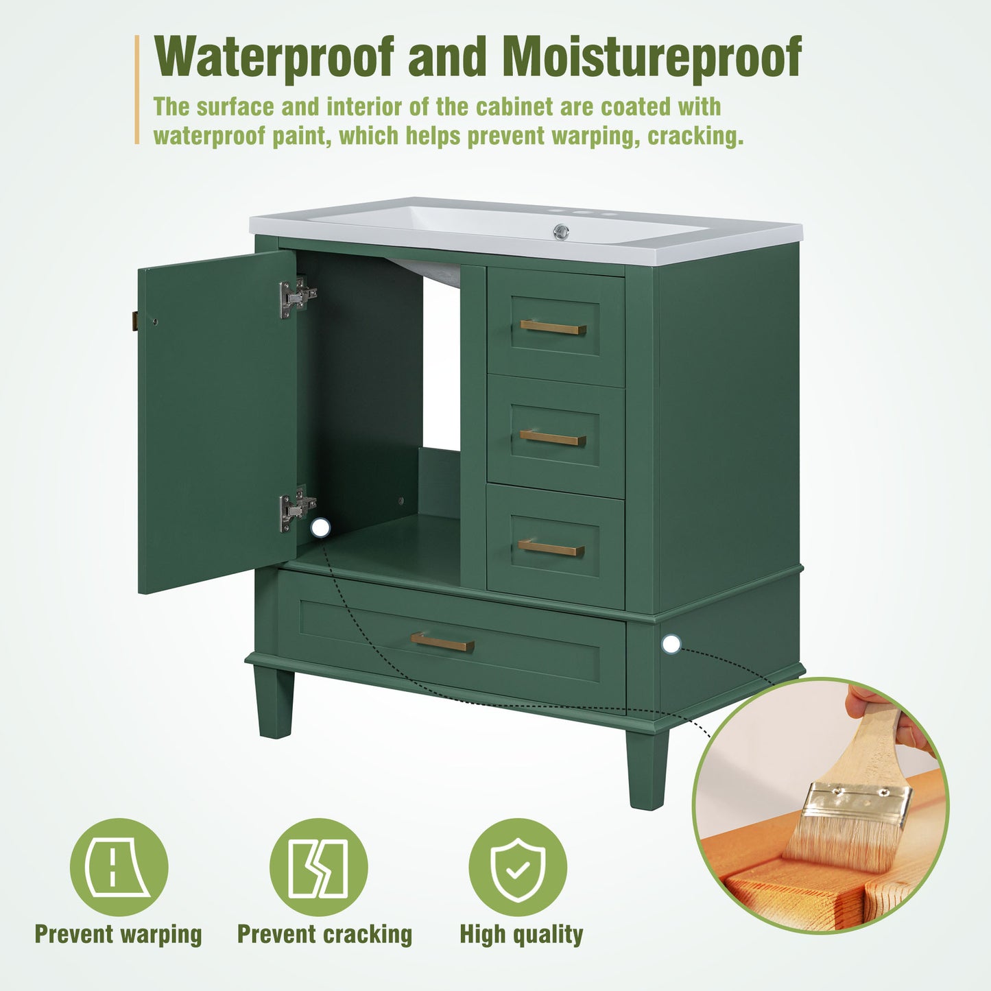 30" Bathroom Vanity in Green, Modern Bathroom Cabinet with Sink Combo Set, Bathroom Storage Cabinet with a Soft Closing Door and 3 Drawers, Solid Wood Frame