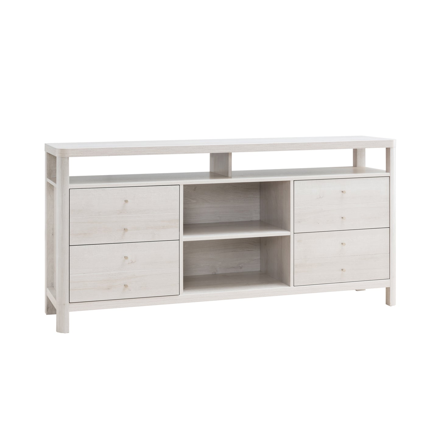 Contemporary White TV Console with Dual-Shelf Storage and Four Drawers