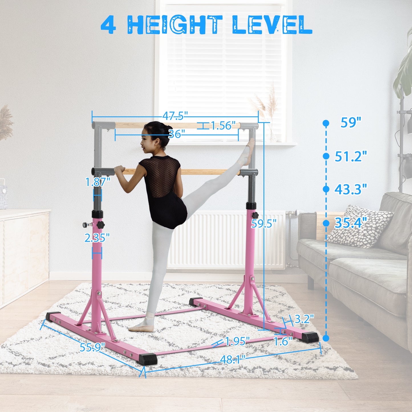 Pink Adjustable Gymnastics Horizontal Bar Set for Kids Home Use