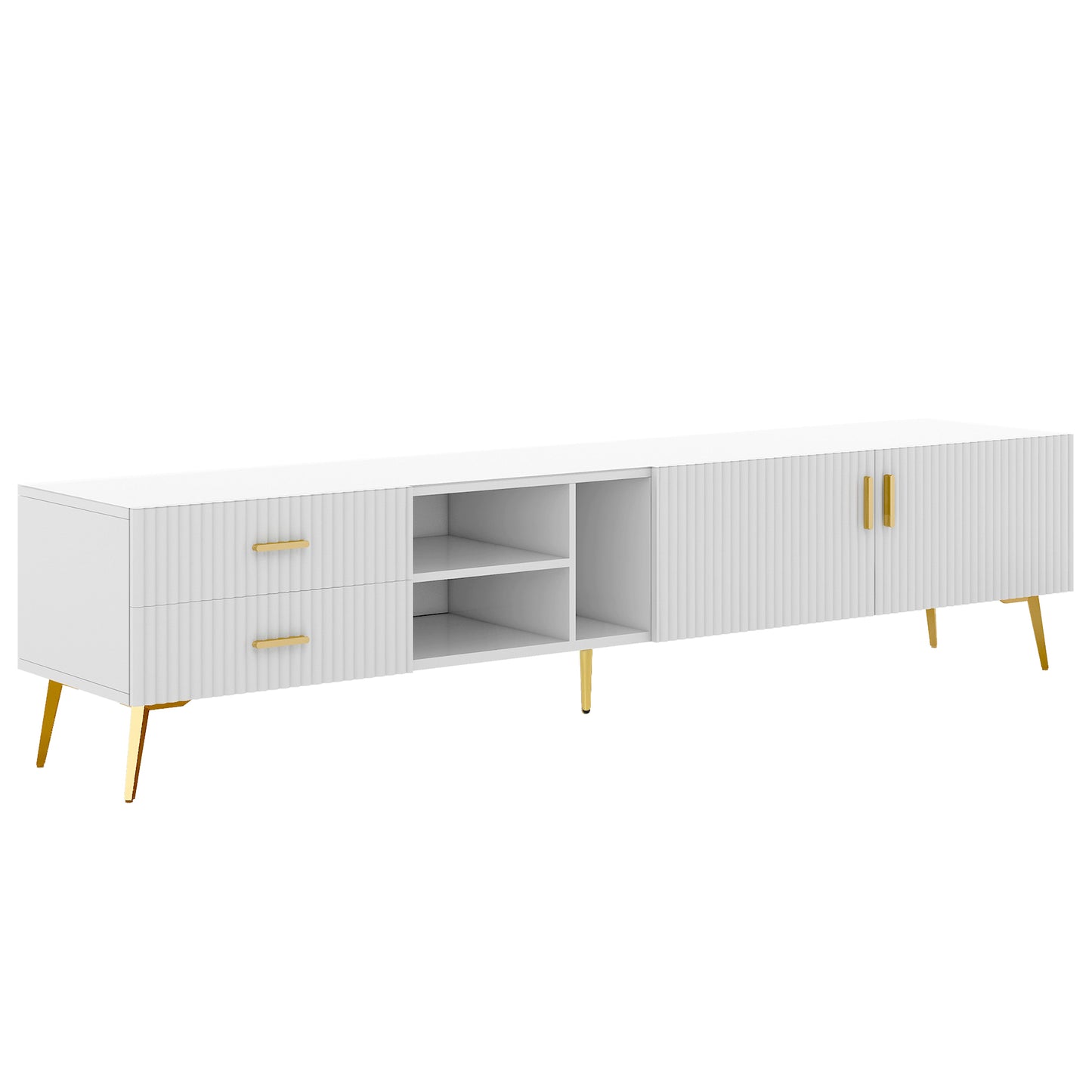 Stylish White Modern TV Stand with Champagne Legs - Accommodates TVs up to 77