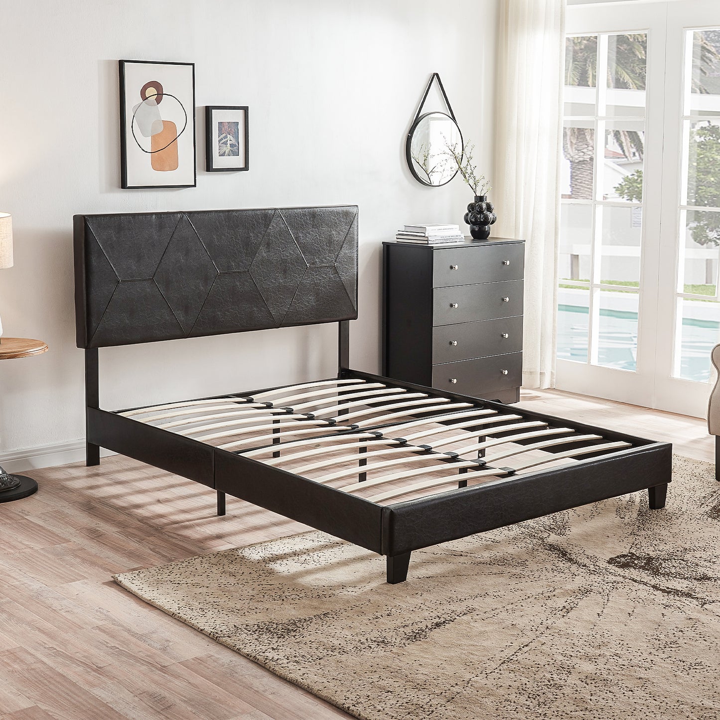 Queen Size Upholstered Platform Bed Frame ,Wood Slat Support, Easy Assembly,Black, pu